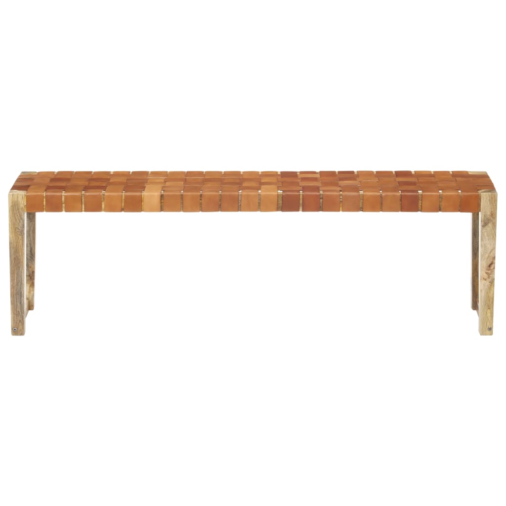 Bank 150 cm Braun Echtleder und Massivholz Mango