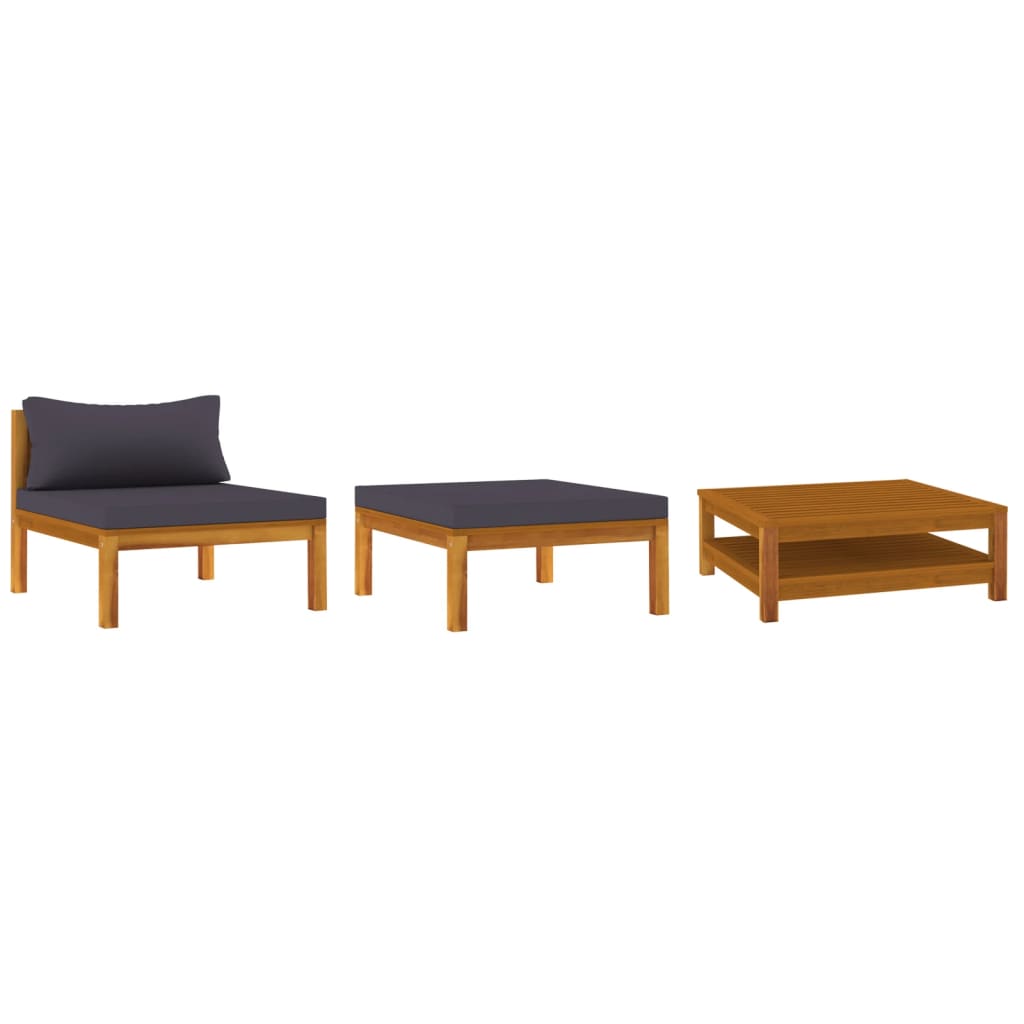 3-tlg. Garten-Lounge-Set mit Dunkelgrauen Kissen Akazienholz
