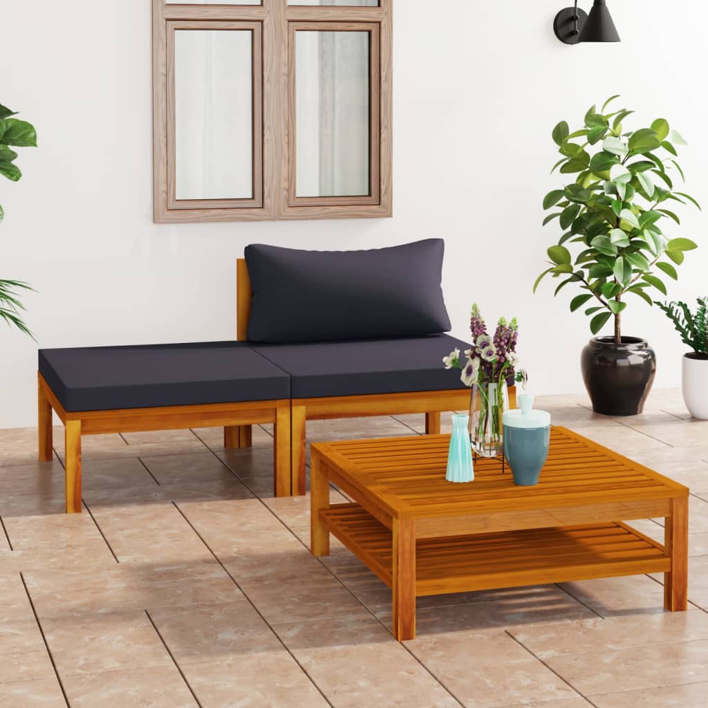 3-tlg. Garten-Lounge-Set mit Dunkelgrauen Kissen Akazienholz