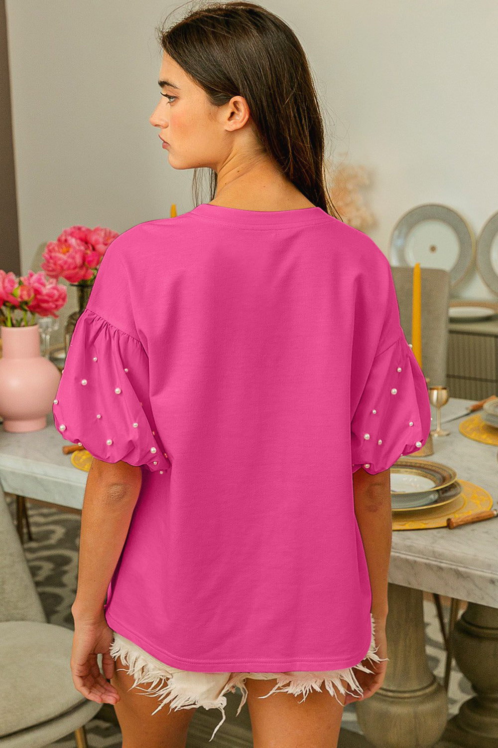 BiBi Puff Sleeve Pearl Decor Top