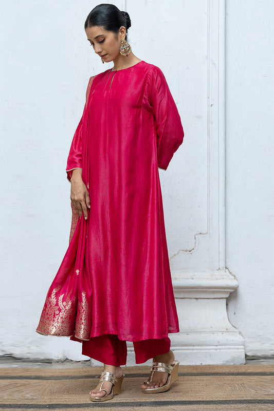 Bright Rose Pink Zari Woven Bemberg Silk Salwar Suit With Zari Woven Monga Silk Jacquard Dupatta