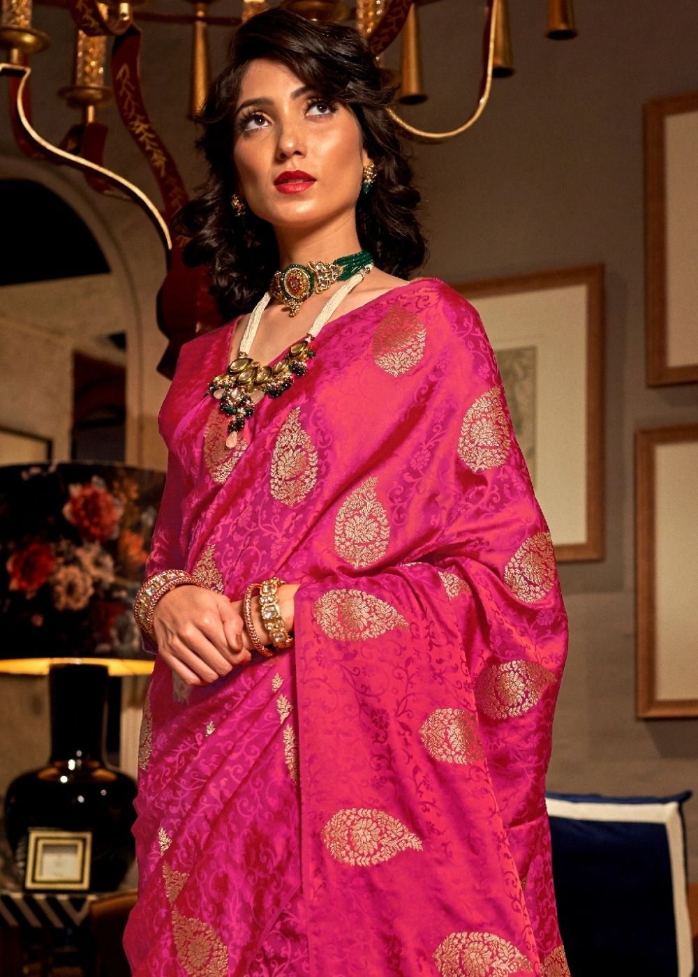 Ruby Pink Satin Woven Silk Saree with overall Golden Buti