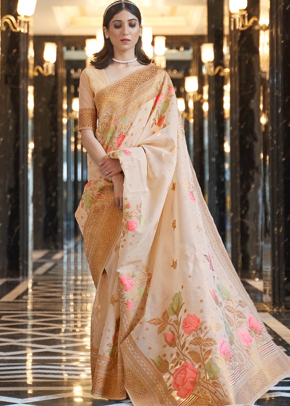 Beige Brown Zari Woven Linen Silk Saree