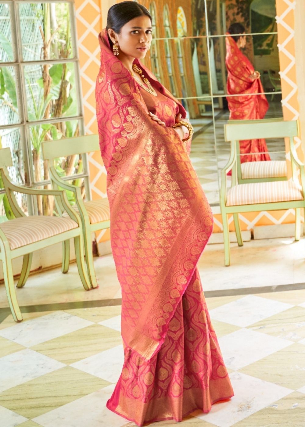 Punch Pink and Golden Blend Woven Banarasi Silk Saree