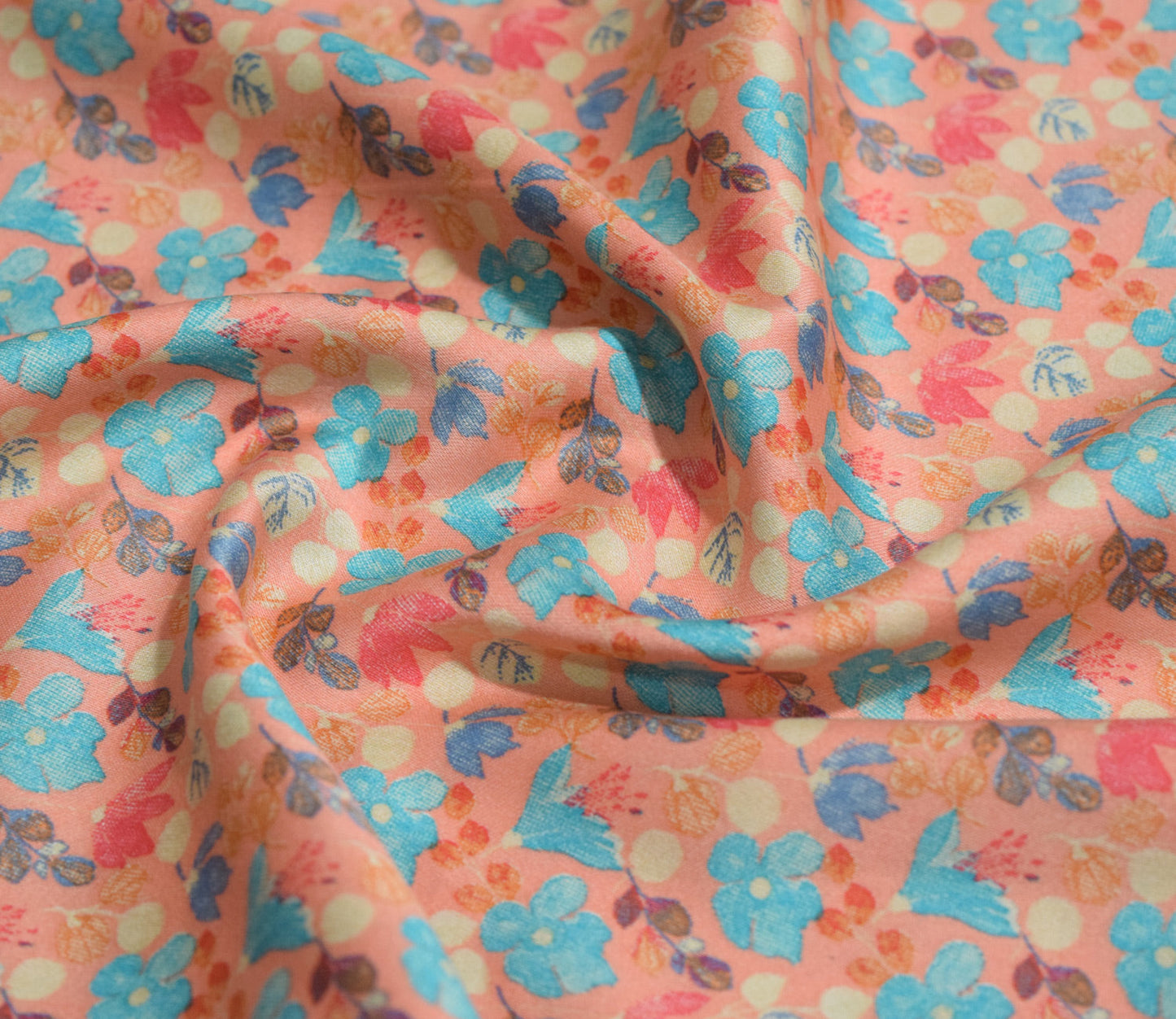 Floral Pattern Screen Printed Cotton Satin Fabric Available in Blue , Yellow, Peach and Grey