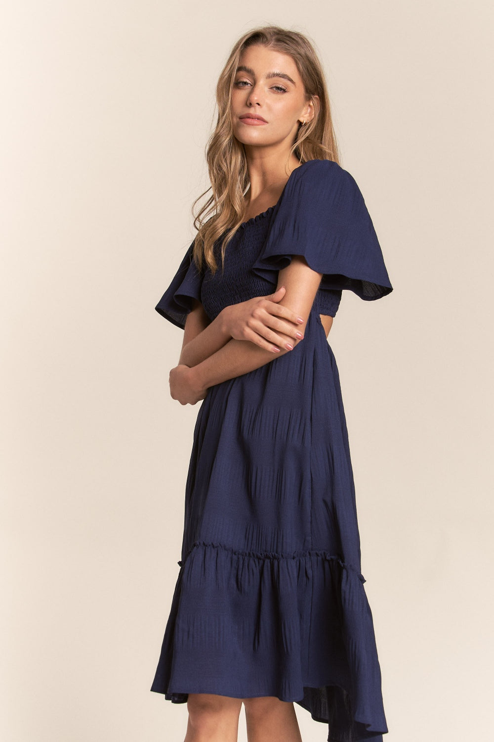 Smocked Bow Back Ruffle Hem Dress