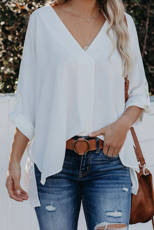 V-Neck Slit High-Low Blouse