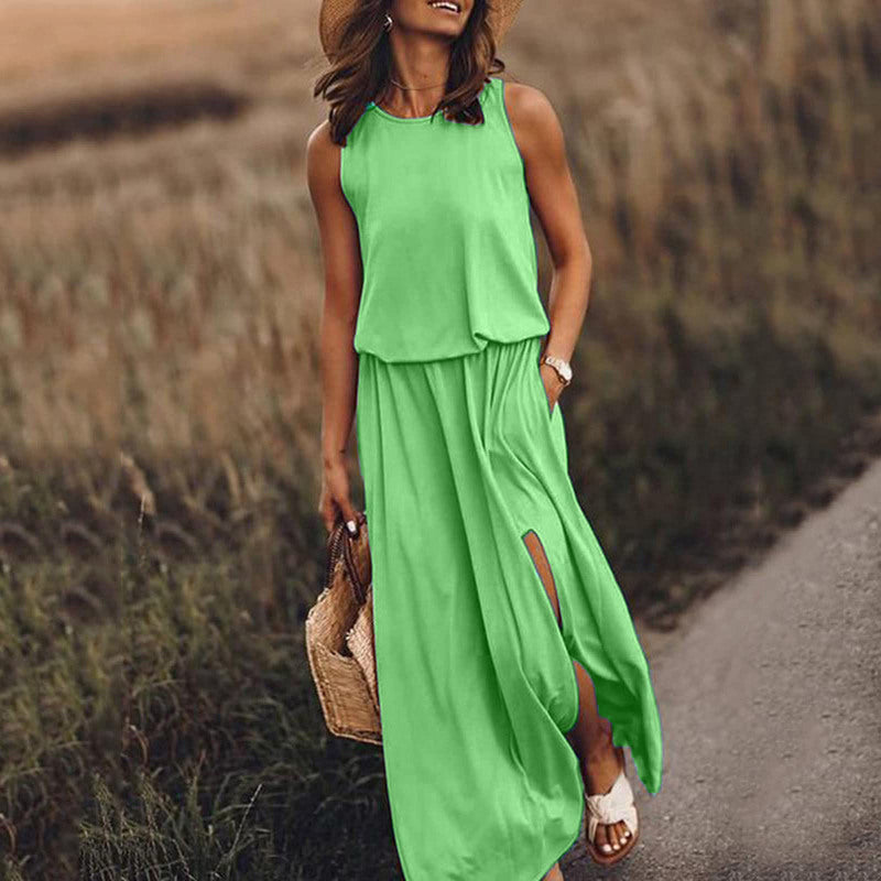 Round Neck Slit Long Dress