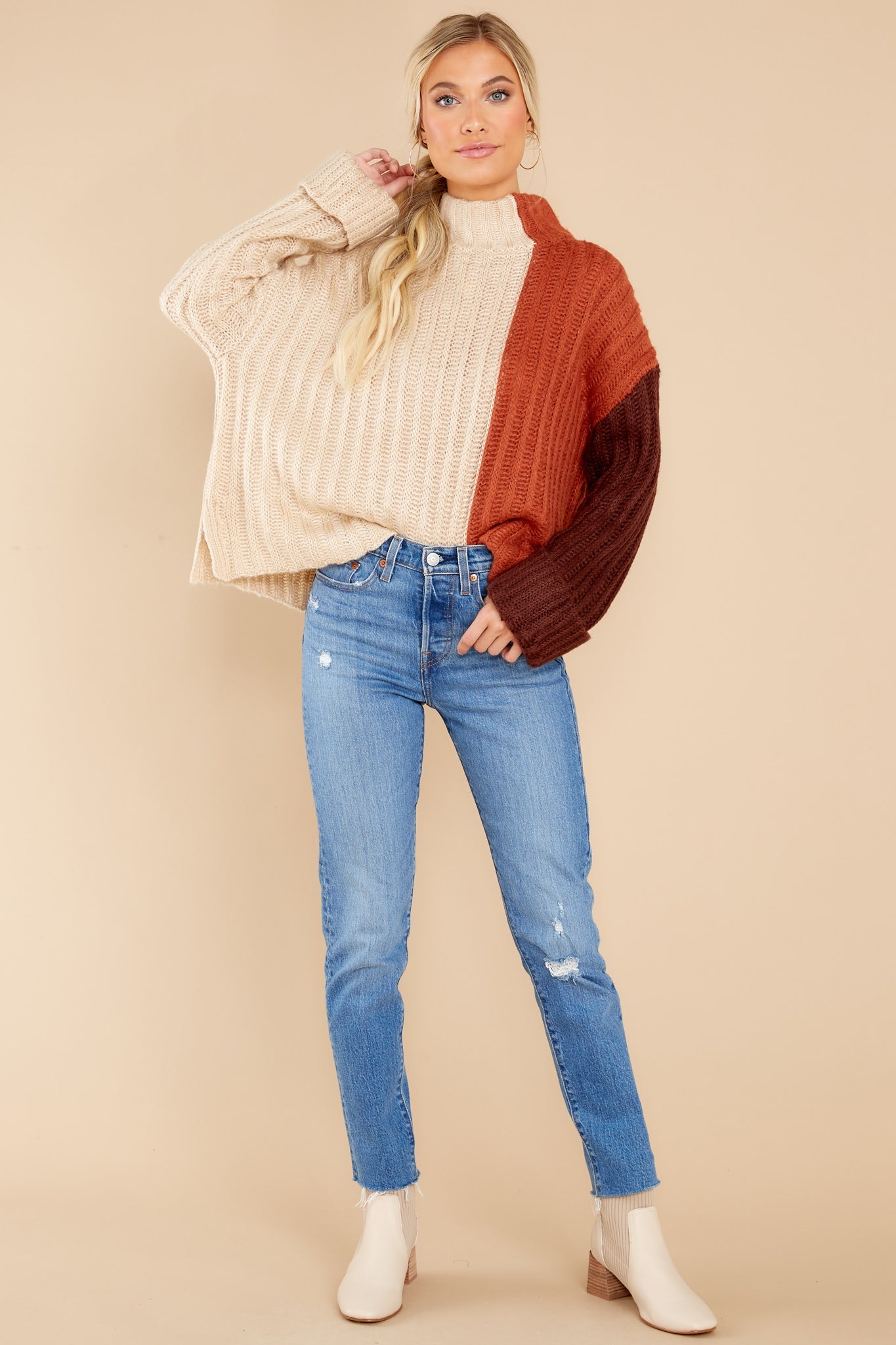 Night By The Fire Beige Colorblock Turtleneck Sweater
