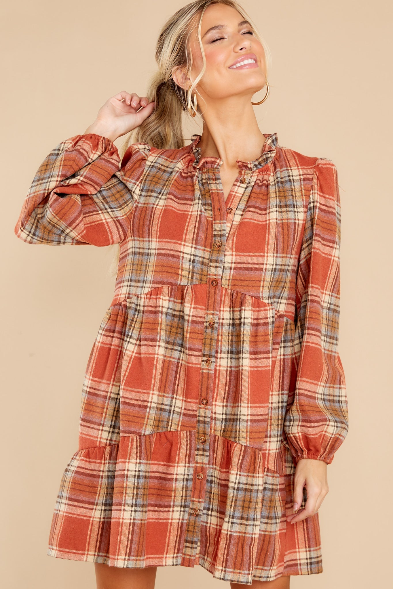 New Reputation Rust Plaid Dress