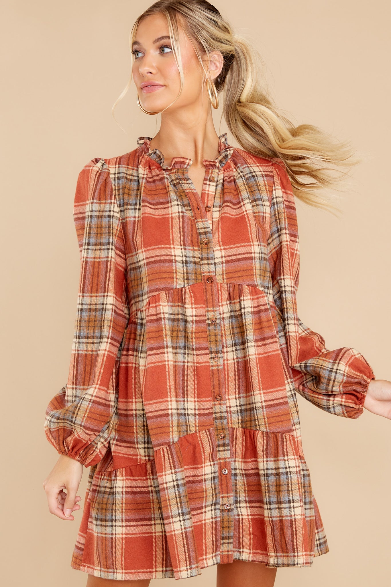 New Reputation Rust Plaid Dress