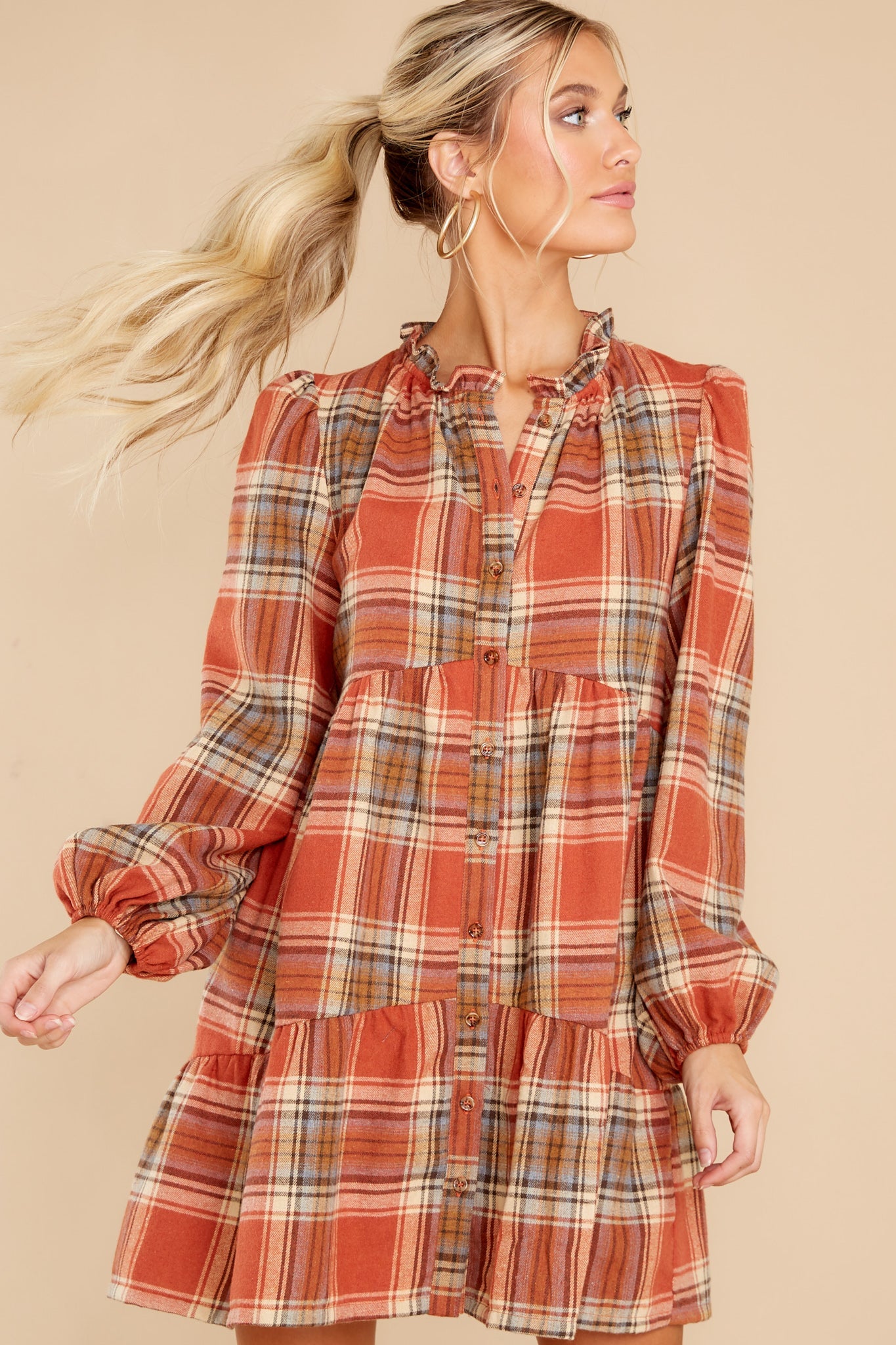 New Reputation Rust Plaid Dress