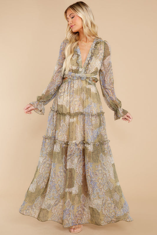 Flawless Fortune Olive Multi Print Maxi Dress
