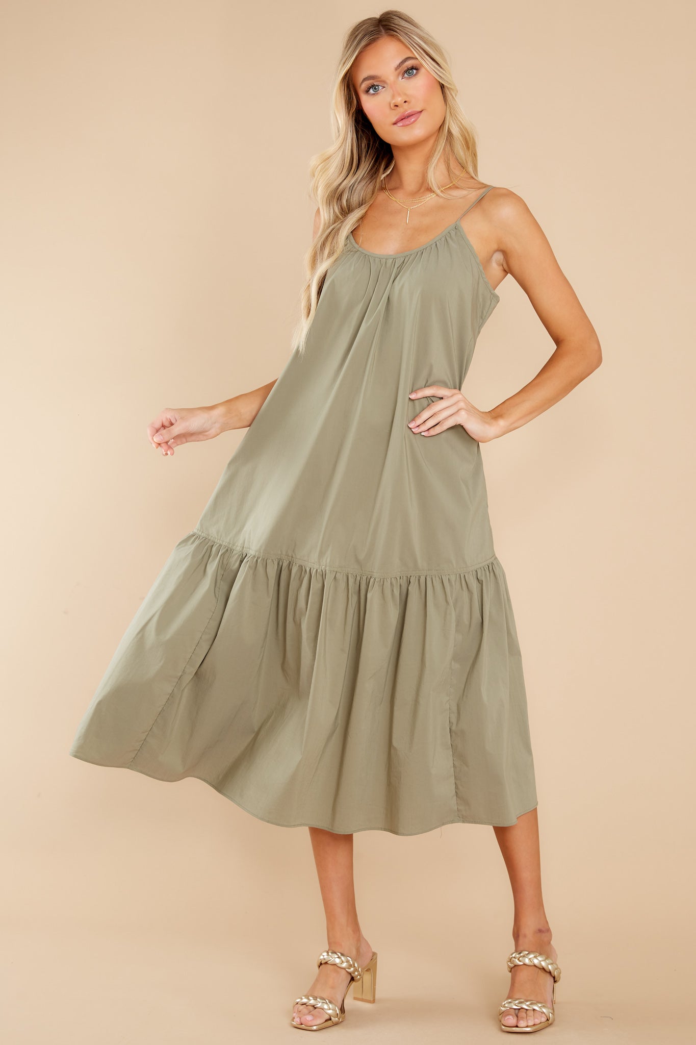 Fields Of Joy Olive Green Midi Dress
