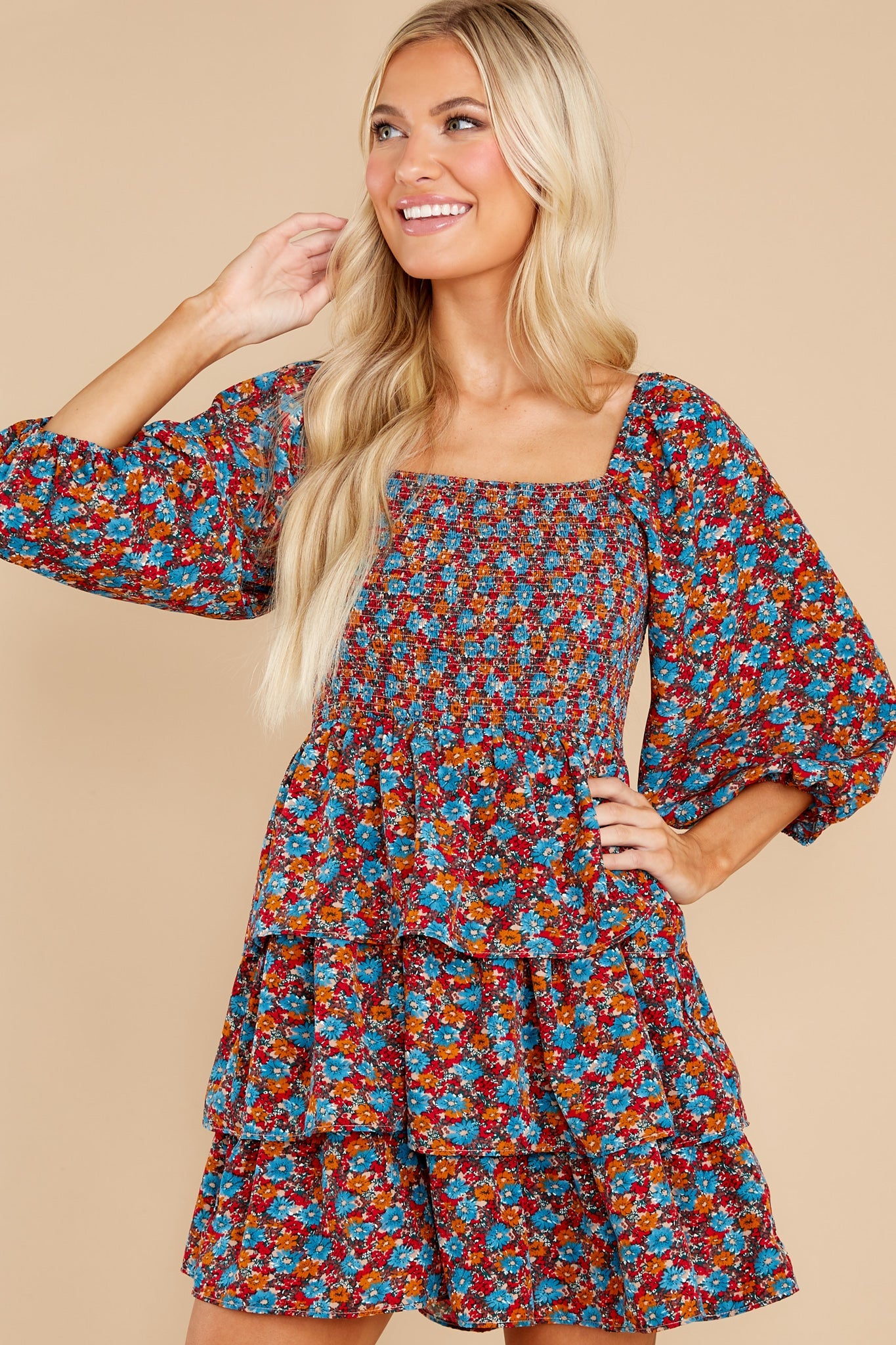 A Flirty Rendezvous Orange And Blue Floral Print Dress