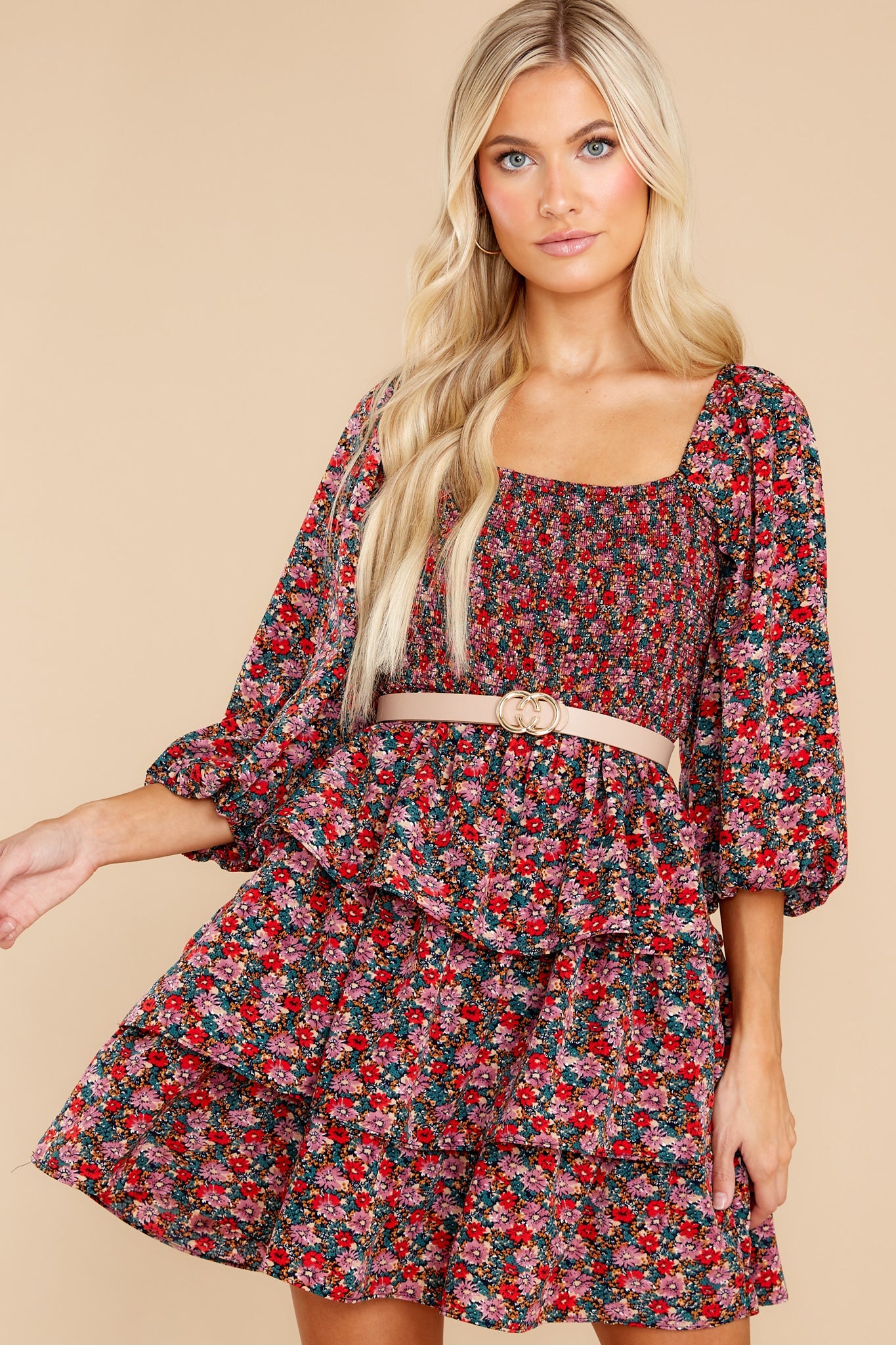 A Flirty Rendezvous Red And Purple Floral Print Dress