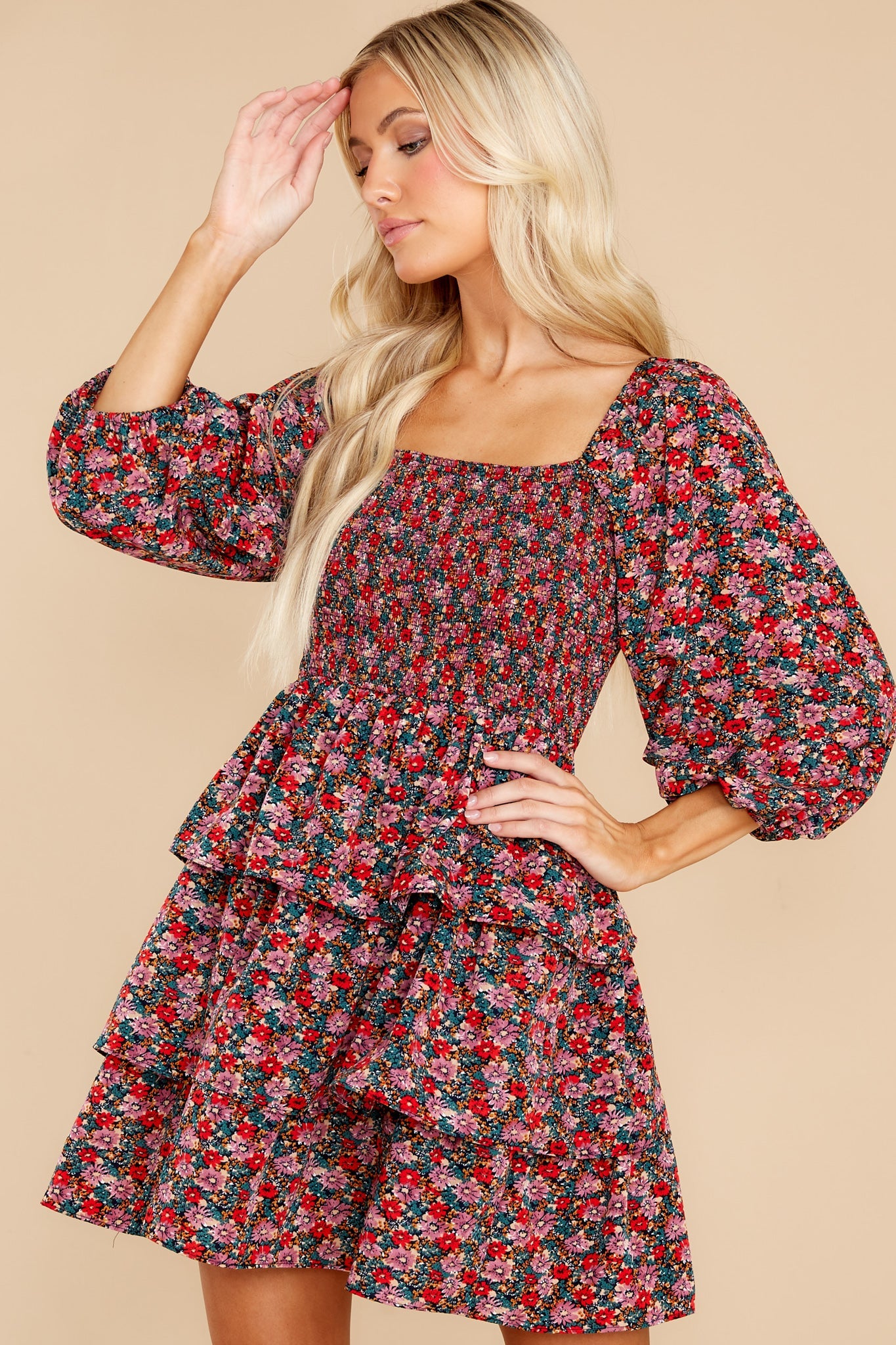 A Flirty Rendezvous Red And Purple Floral Print Dress