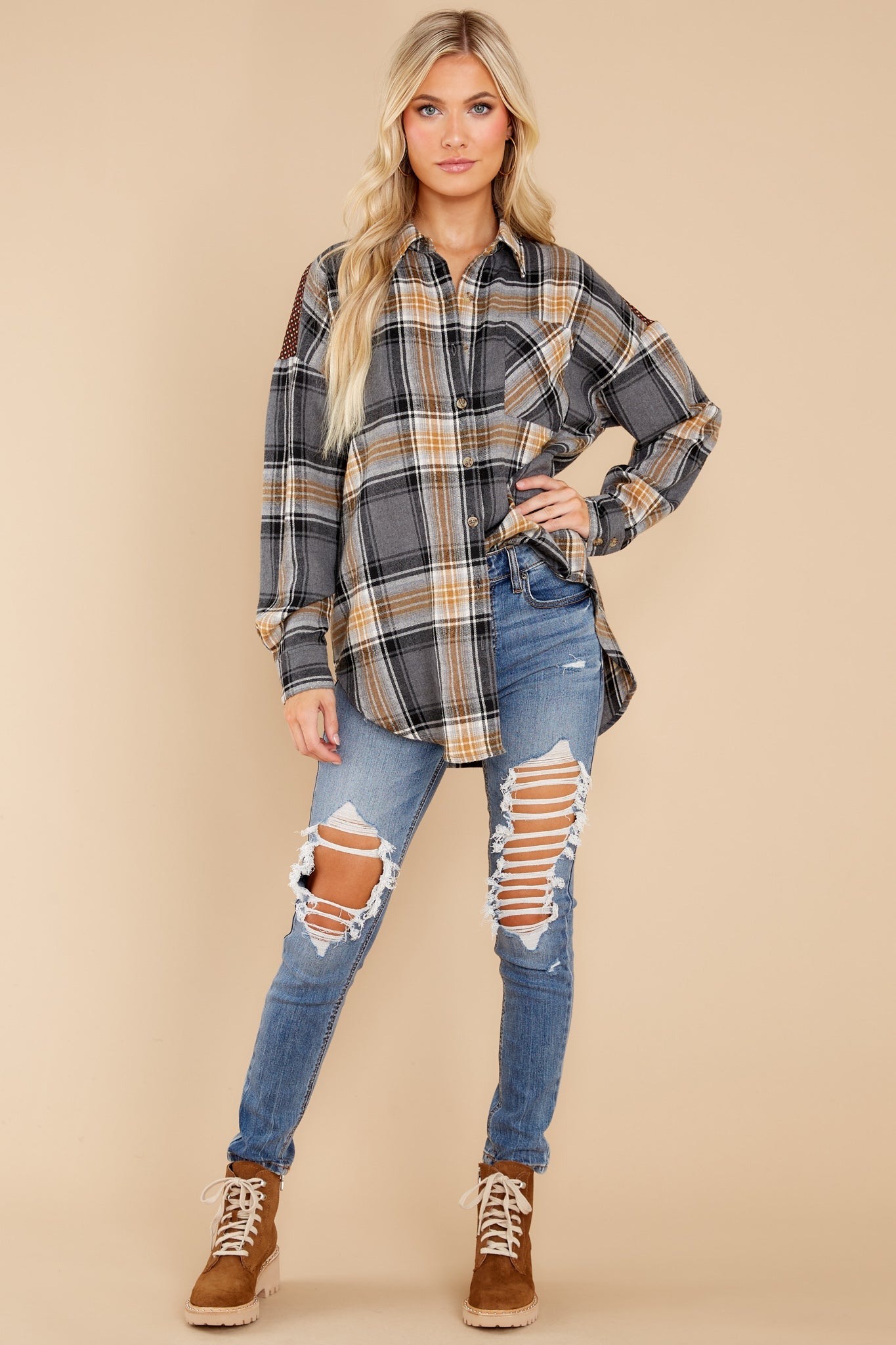 Cheerful Times Grey Multi Plaid Top