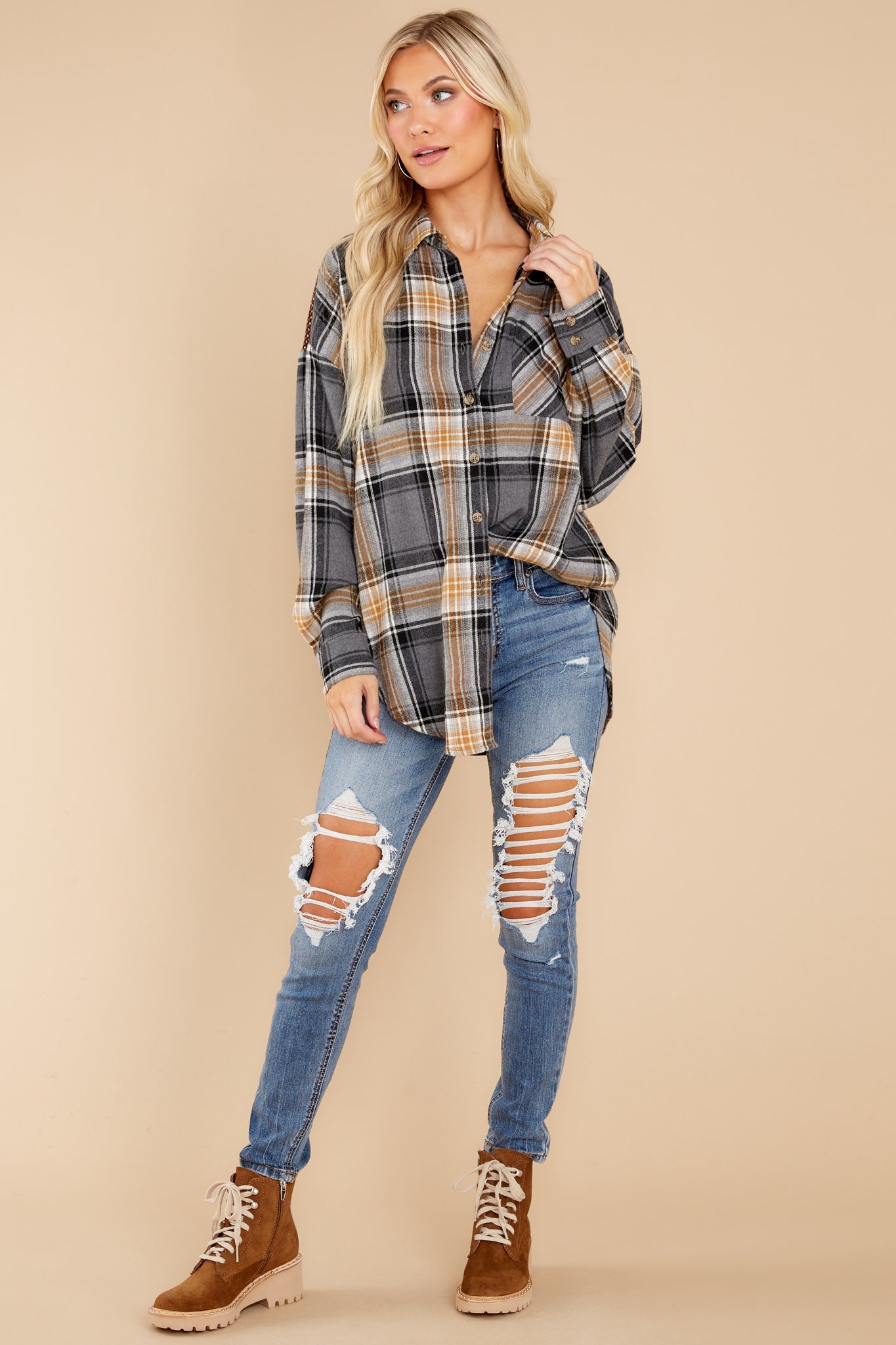 Cheerful Times Grey Multi Plaid Top