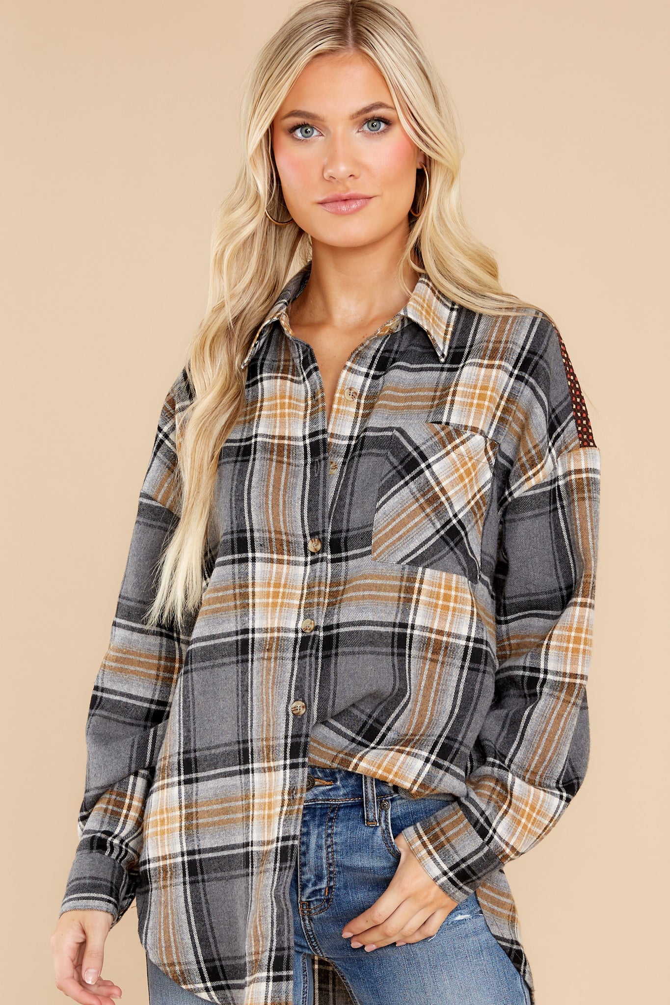Cheerful Times Grey Multi Plaid Top