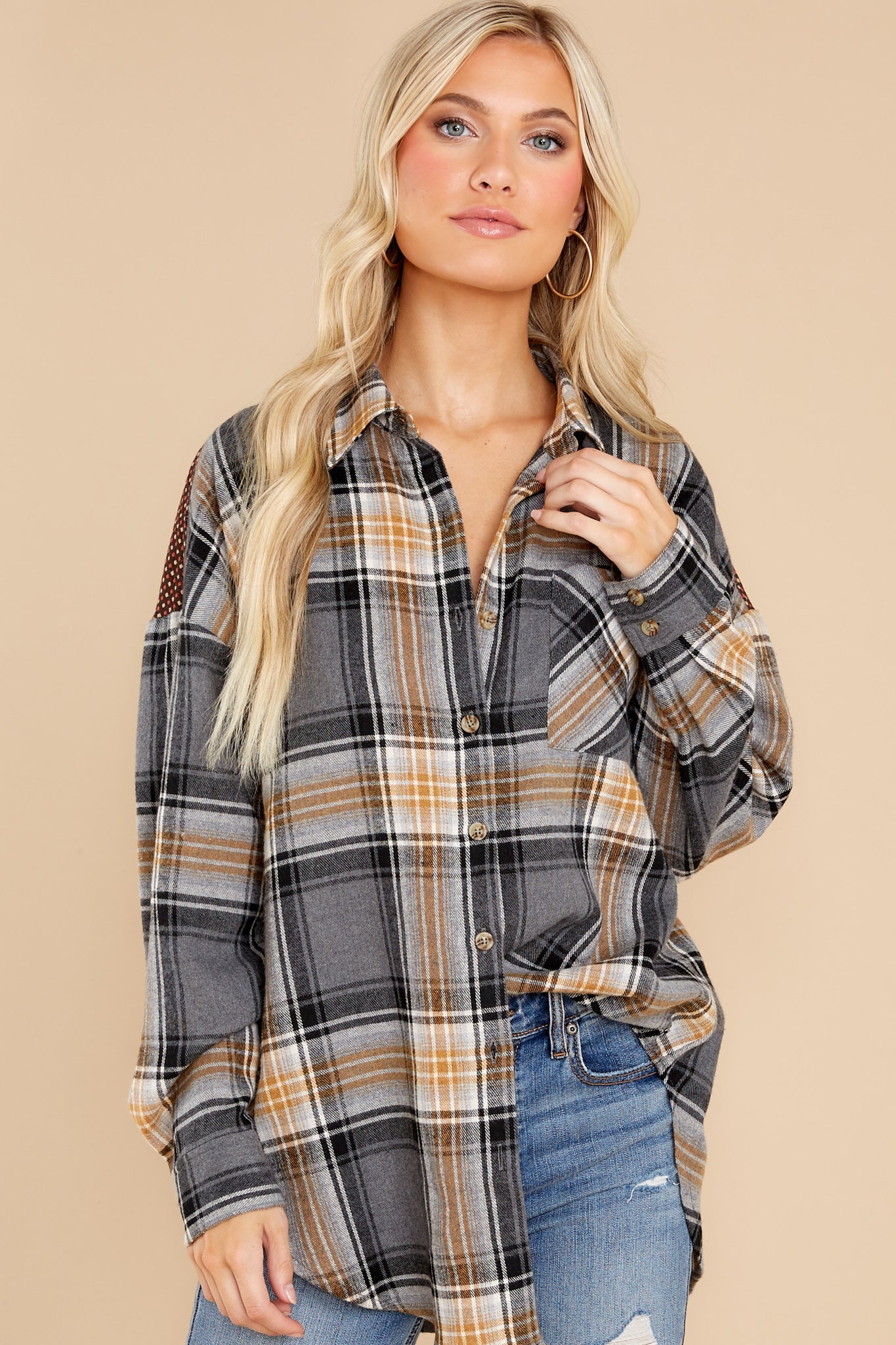 Cheerful Times Grey Multi Plaid Top