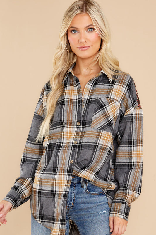 Cheerful Times Grey Multi Plaid Top