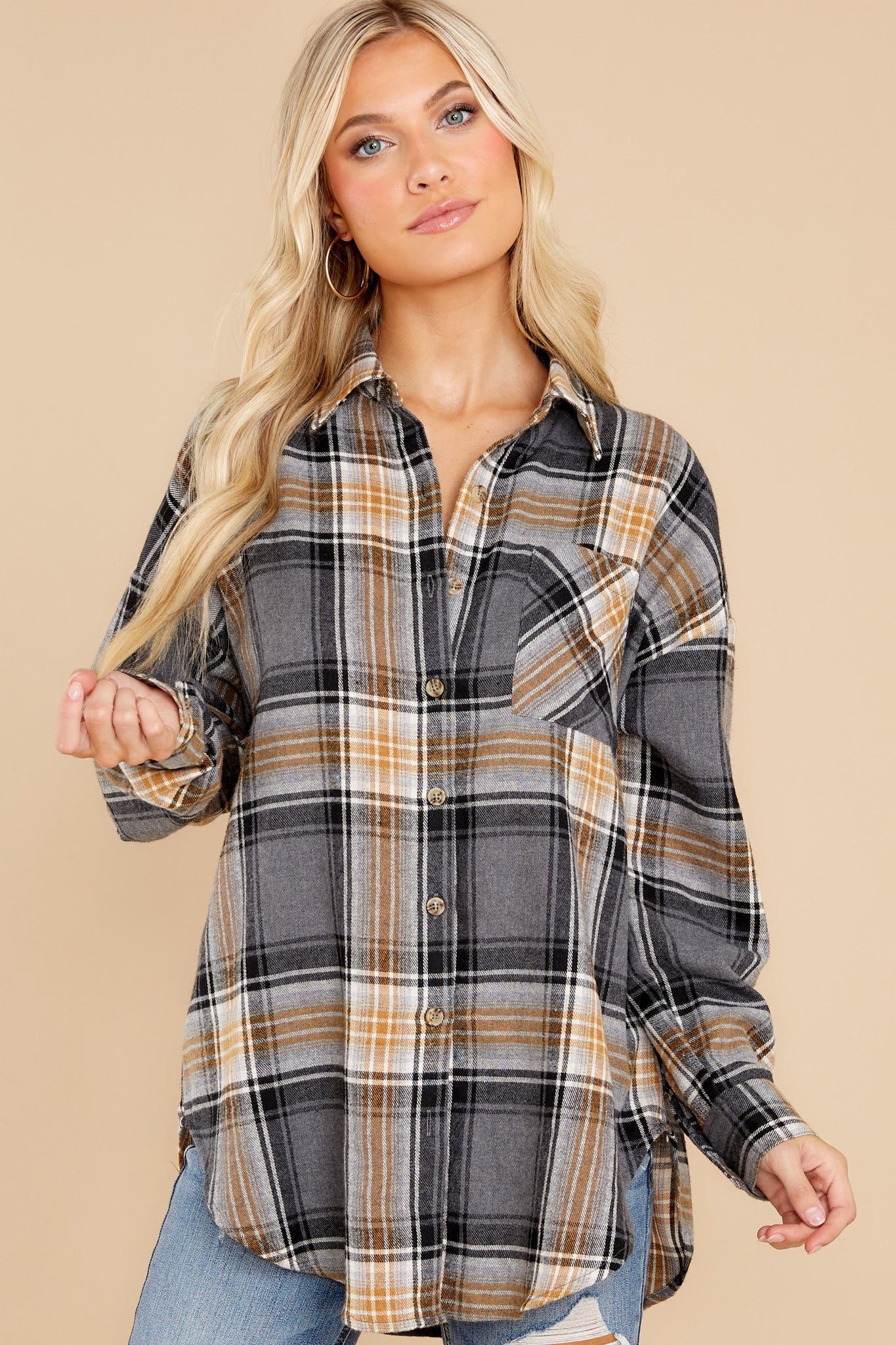 Cheerful Times Grey Multi Plaid Top