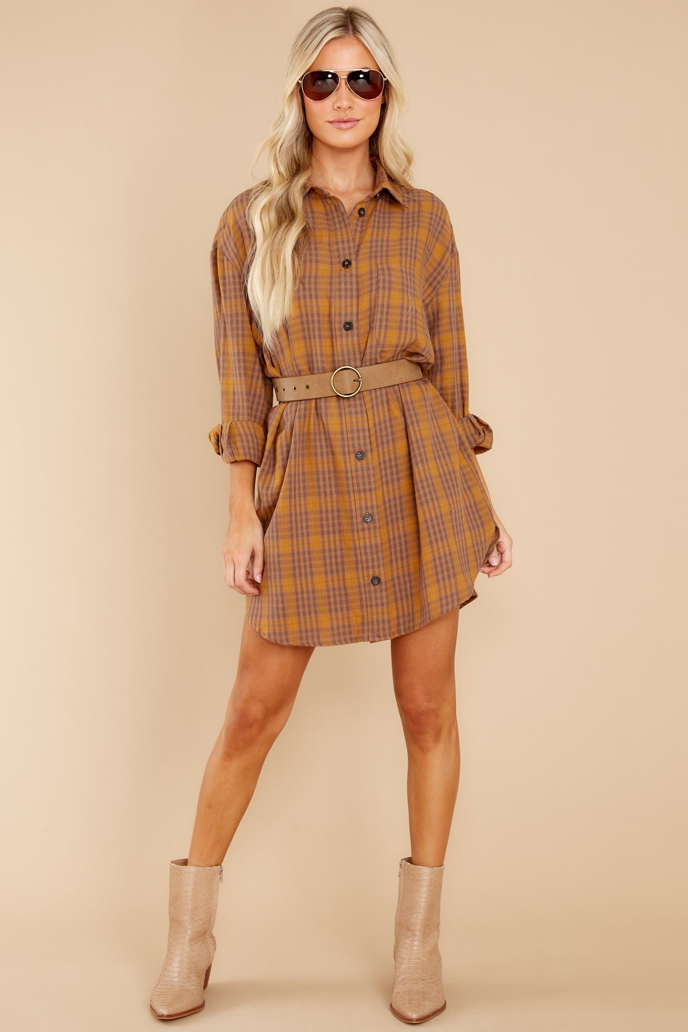 Change The Way Golden Brown Plaid Dress