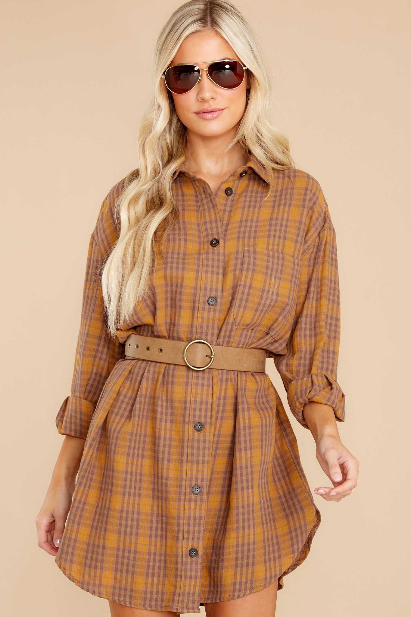 Change The Way Golden Brown Plaid Dress