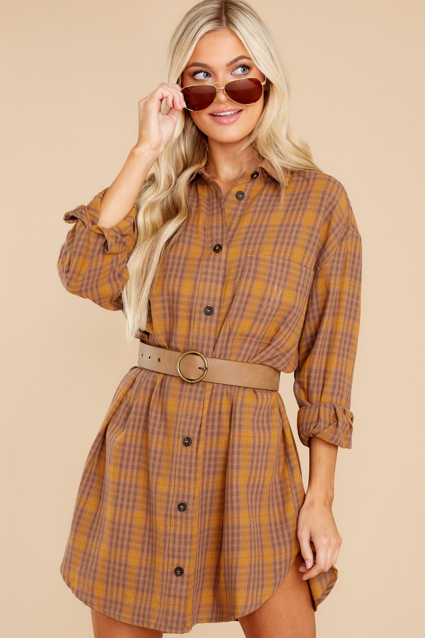 Change The Way Golden Brown Plaid Dress