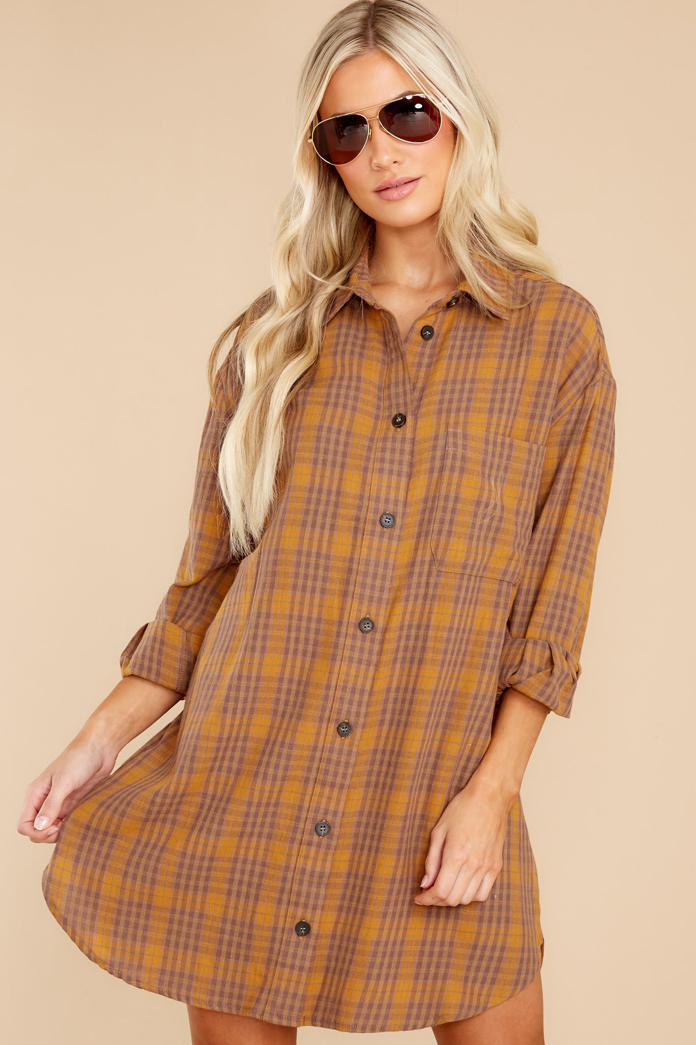 Change The Way Golden Brown Plaid Dress