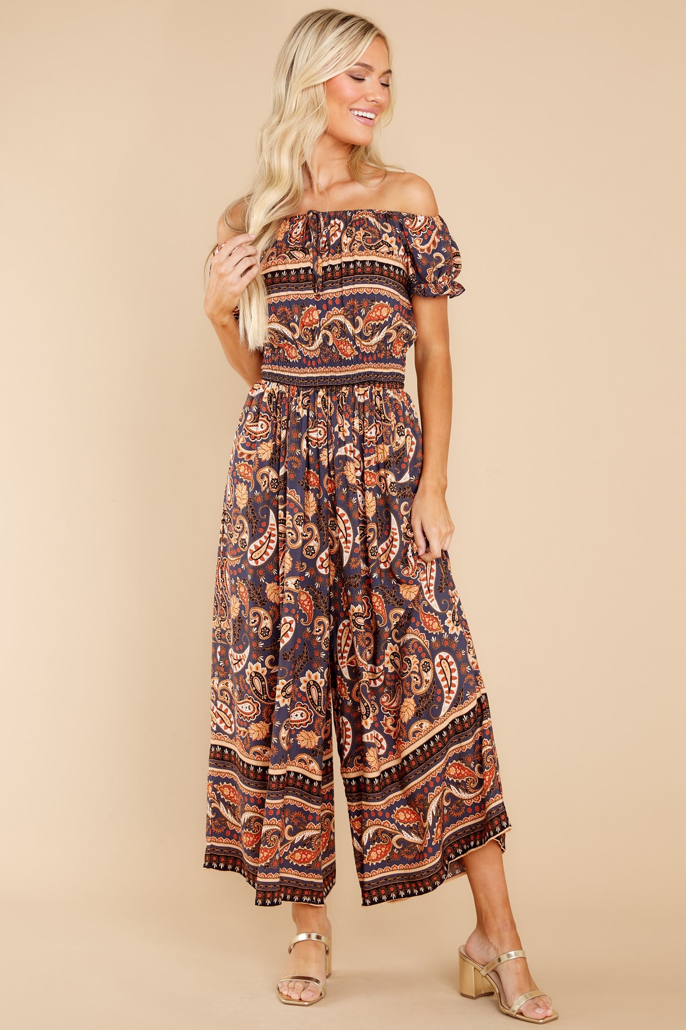 Nostalgic Vibes Indigo And Rust Print Jumpsuit