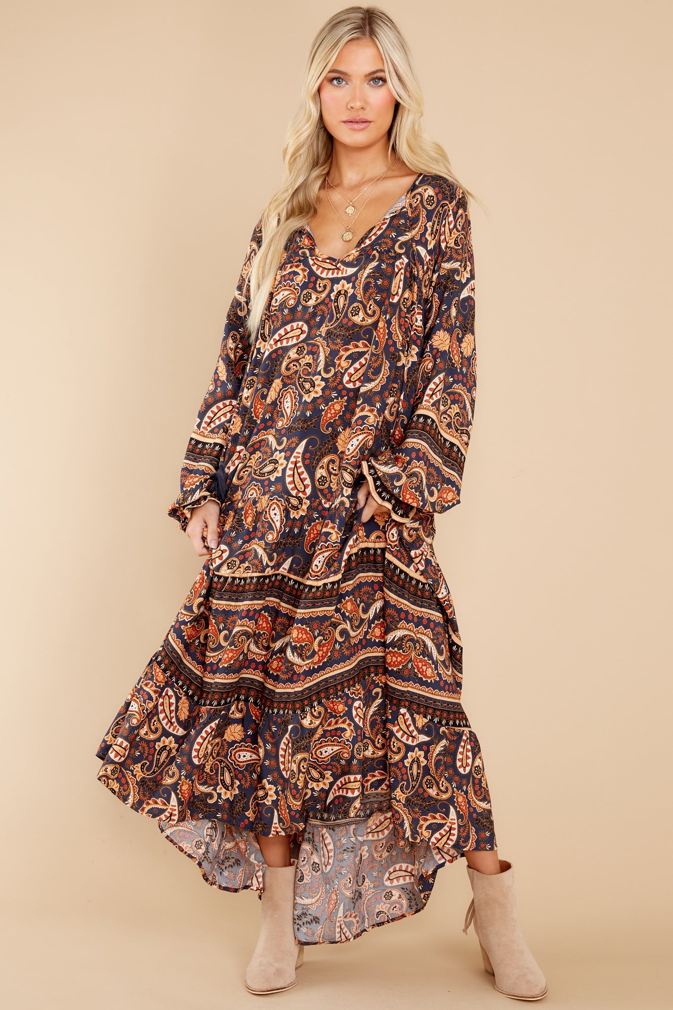 Rhythmic Precision Indigo And Rust Print Maxi Dress