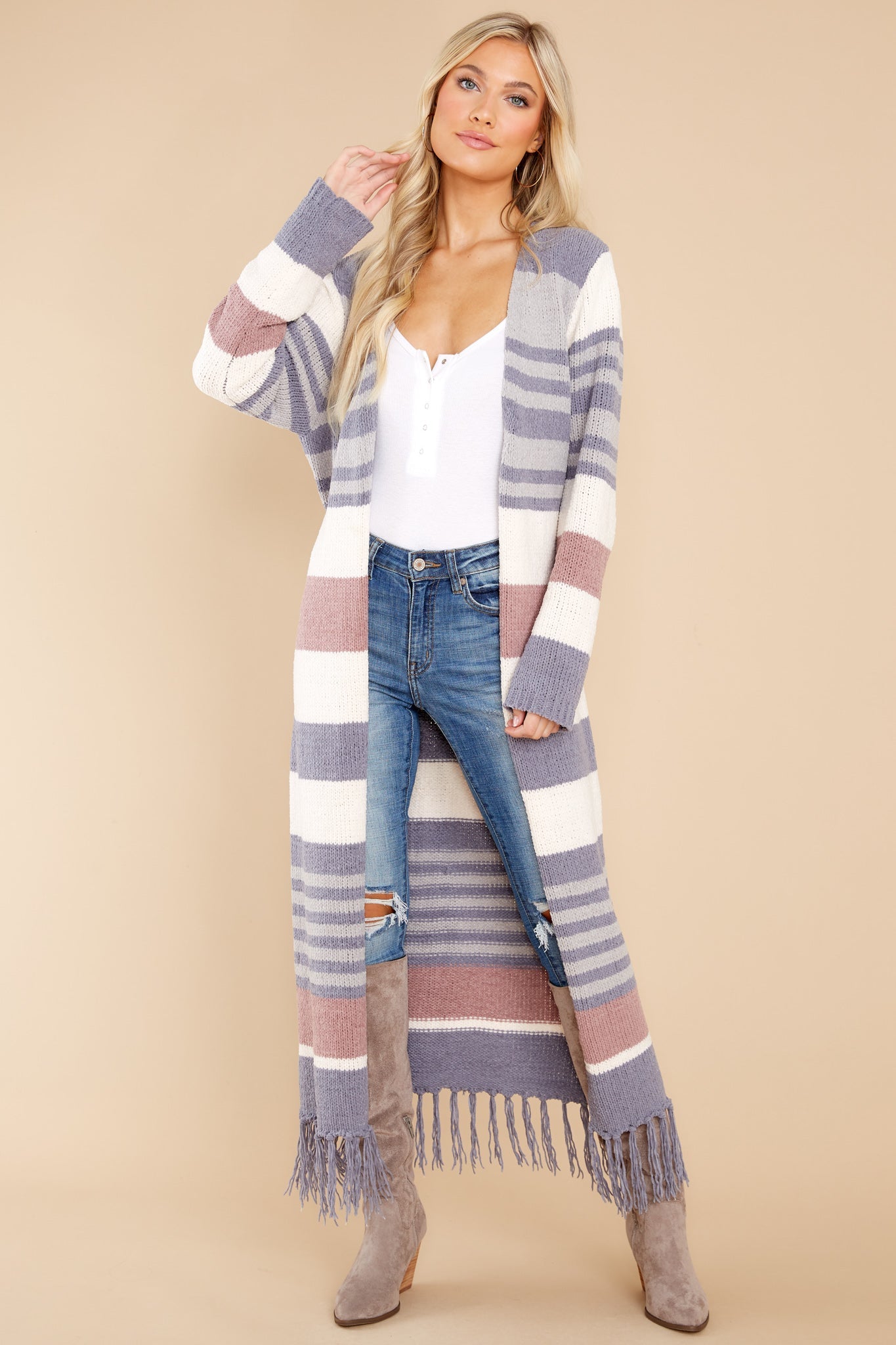 Smitten With You Grey Multi Stripe Cardigan