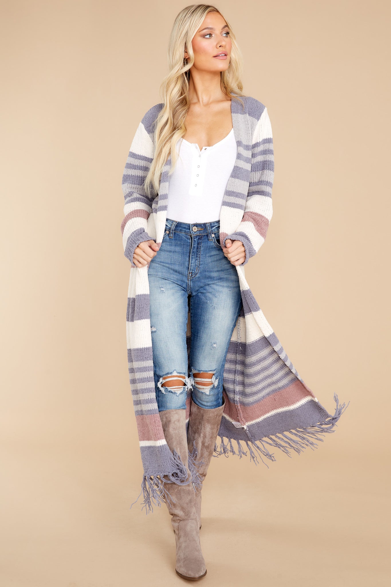 Smitten With You Grey Multi Stripe Cardigan