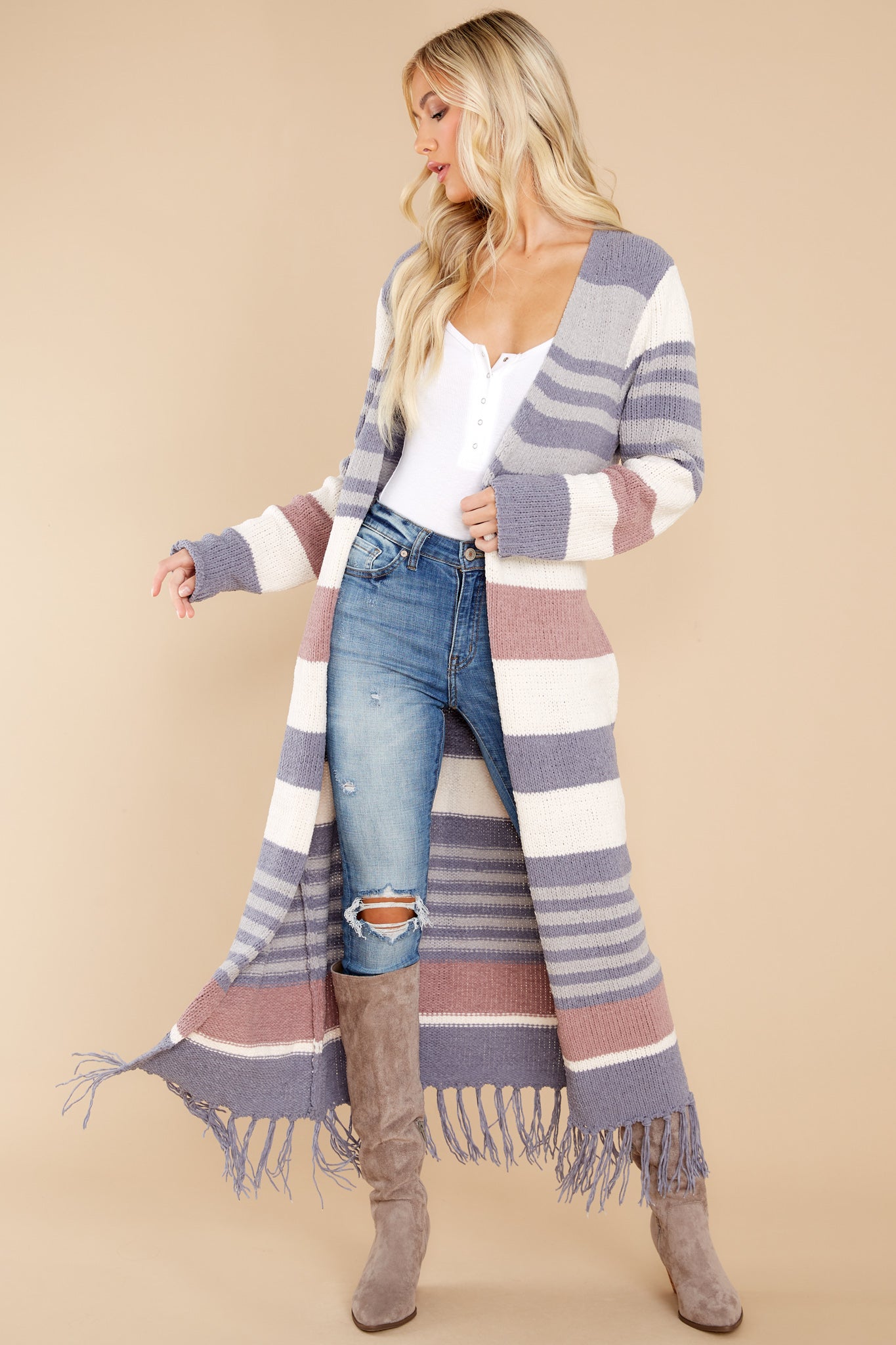 Smitten With You Grey Multi Stripe Cardigan