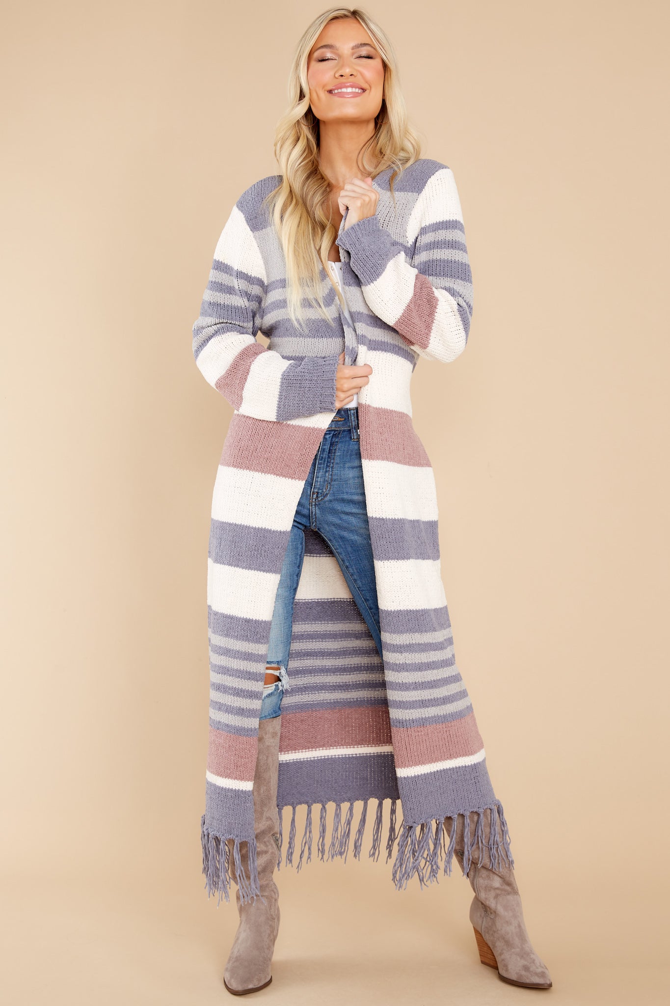 Smitten With You Grey Multi Stripe Cardigan