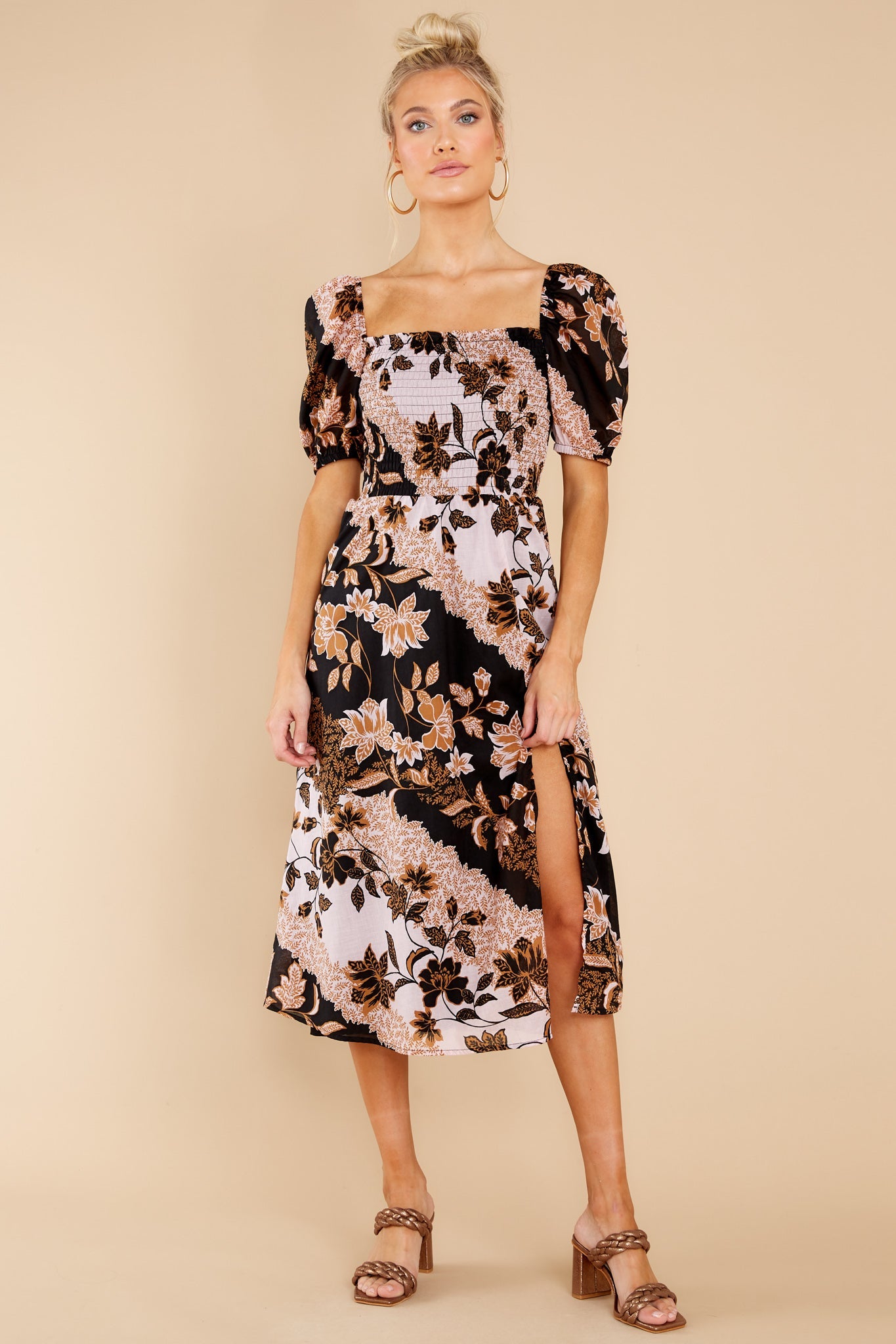Let Love Go Blush And Black Floral Print Midi Dress