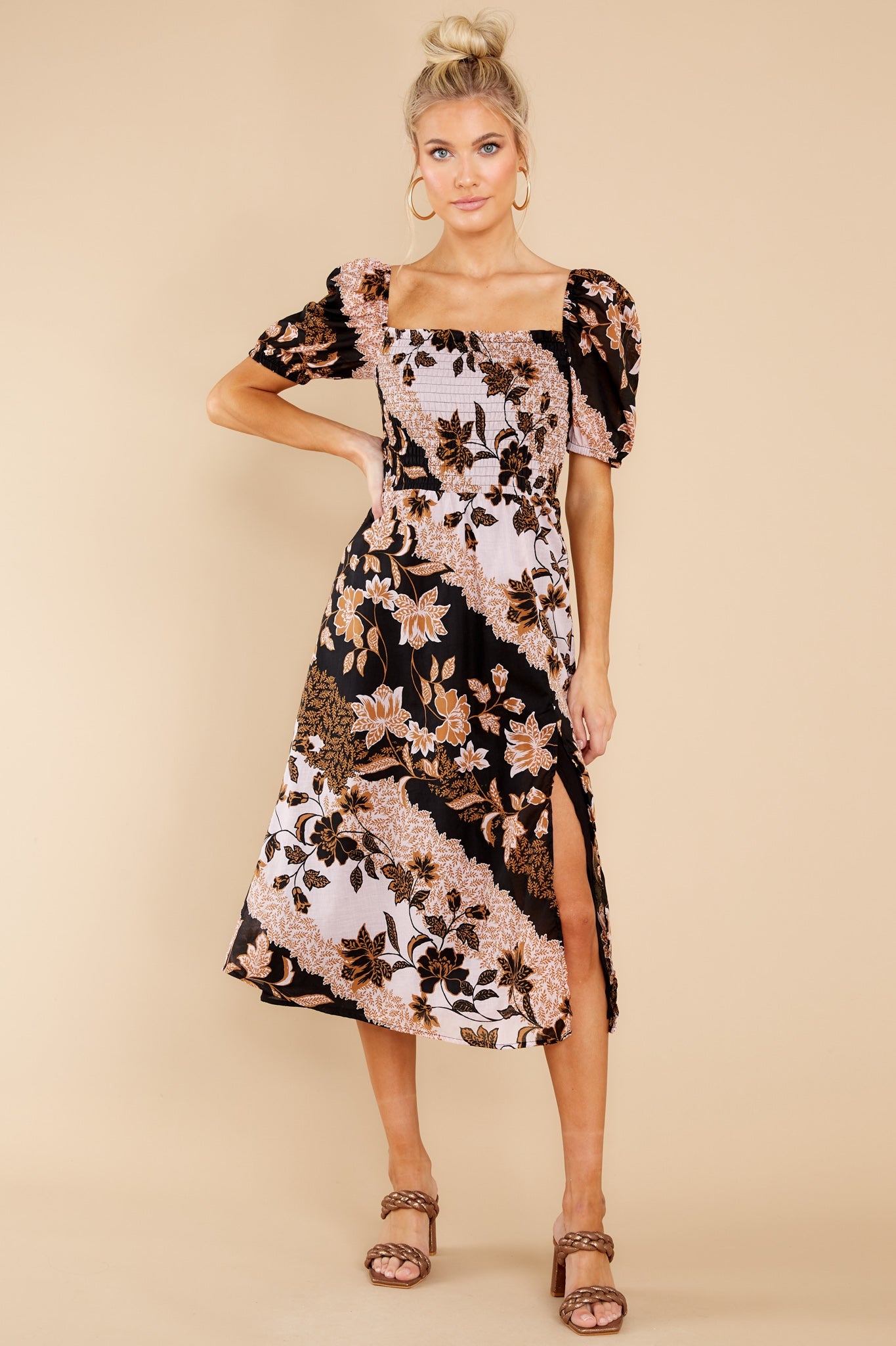 Let Love Go Blush And Black Floral Print Midi Dress