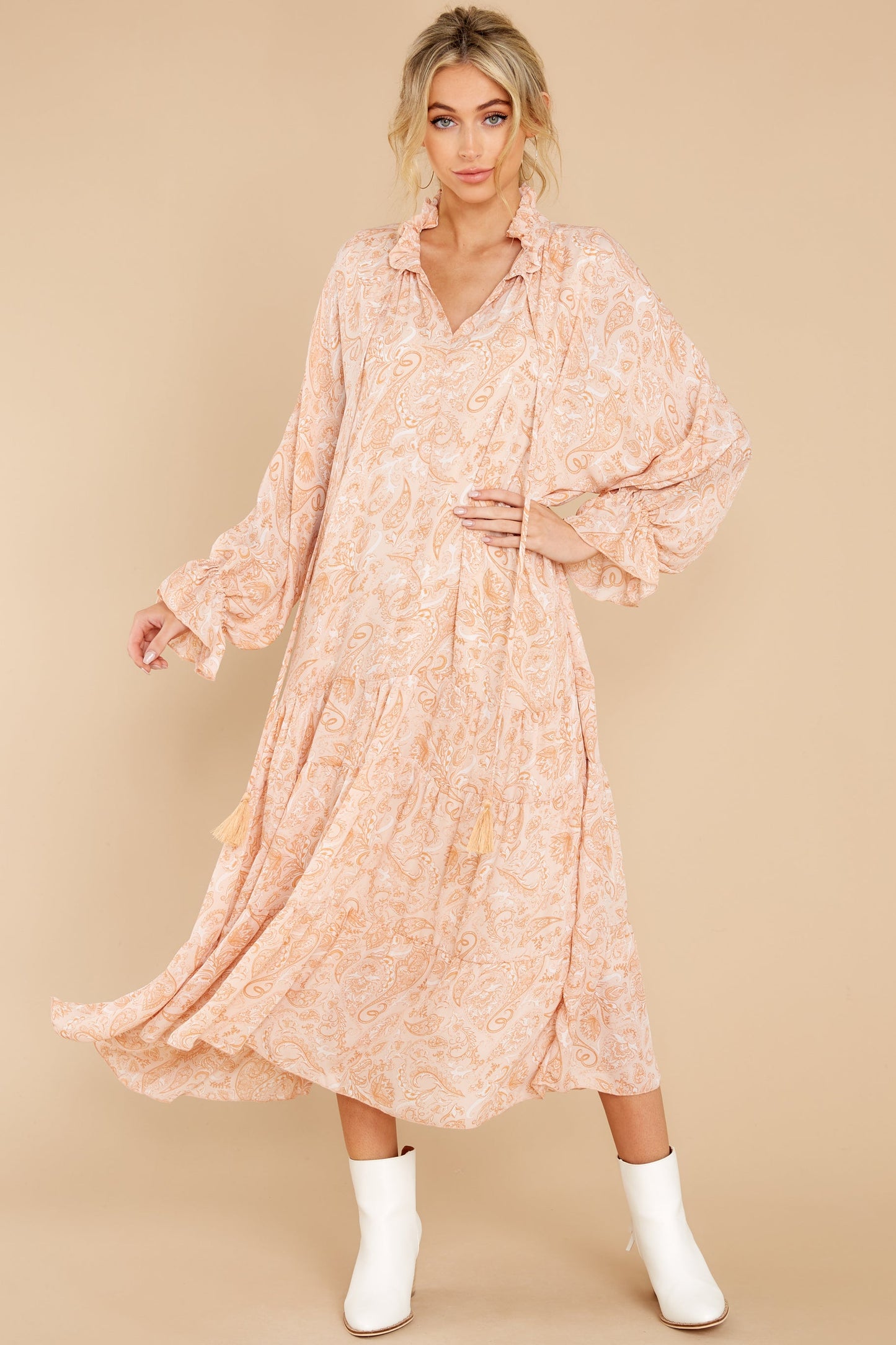 Sunset Whimsy Apricot Print Maxi Dress