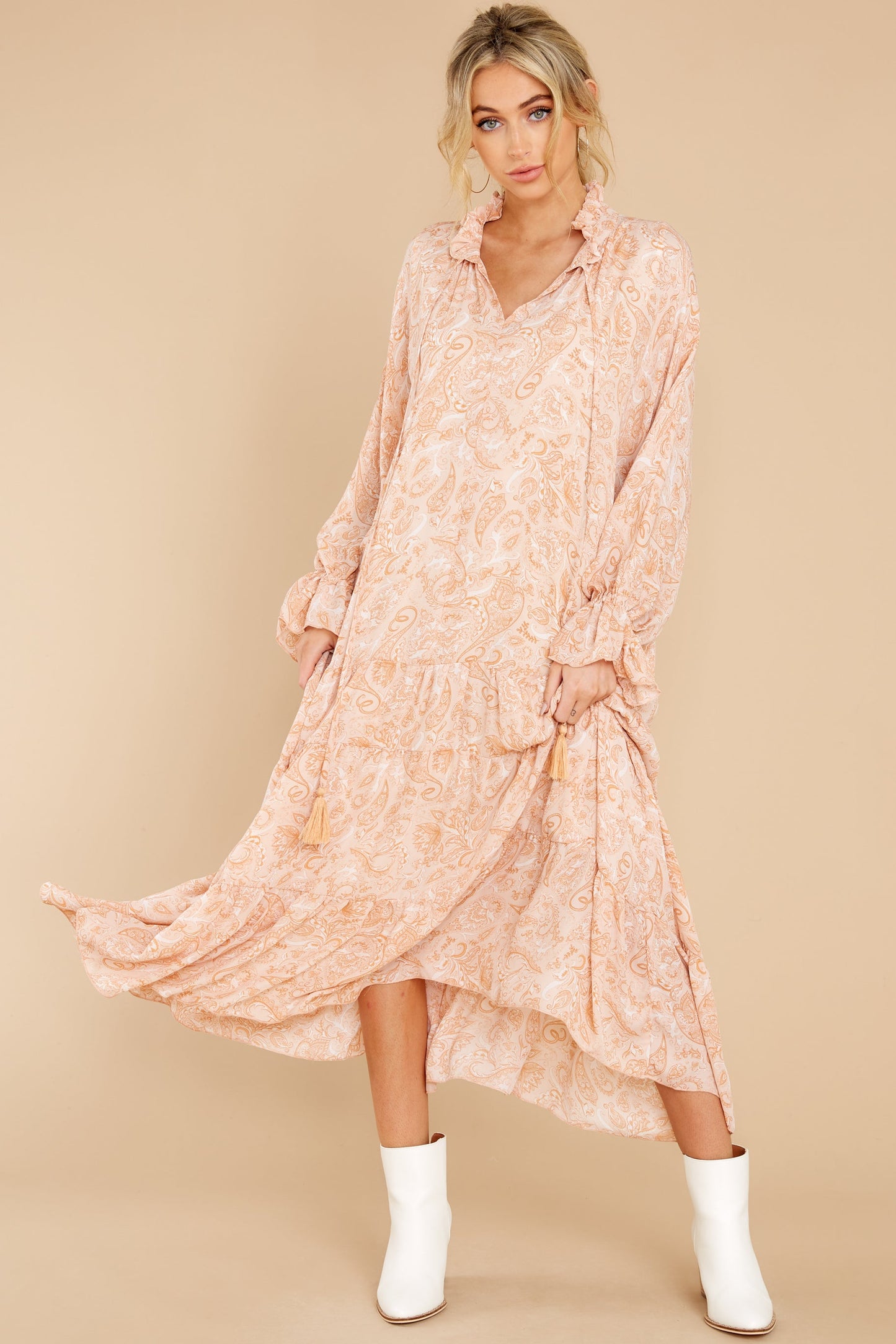 Sunset Whimsy Apricot Print Maxi Dress