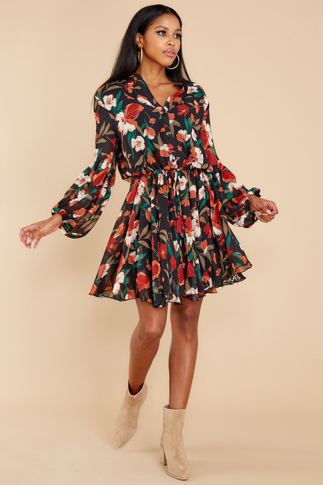Petal Down Black And Rust Floral Print Dress