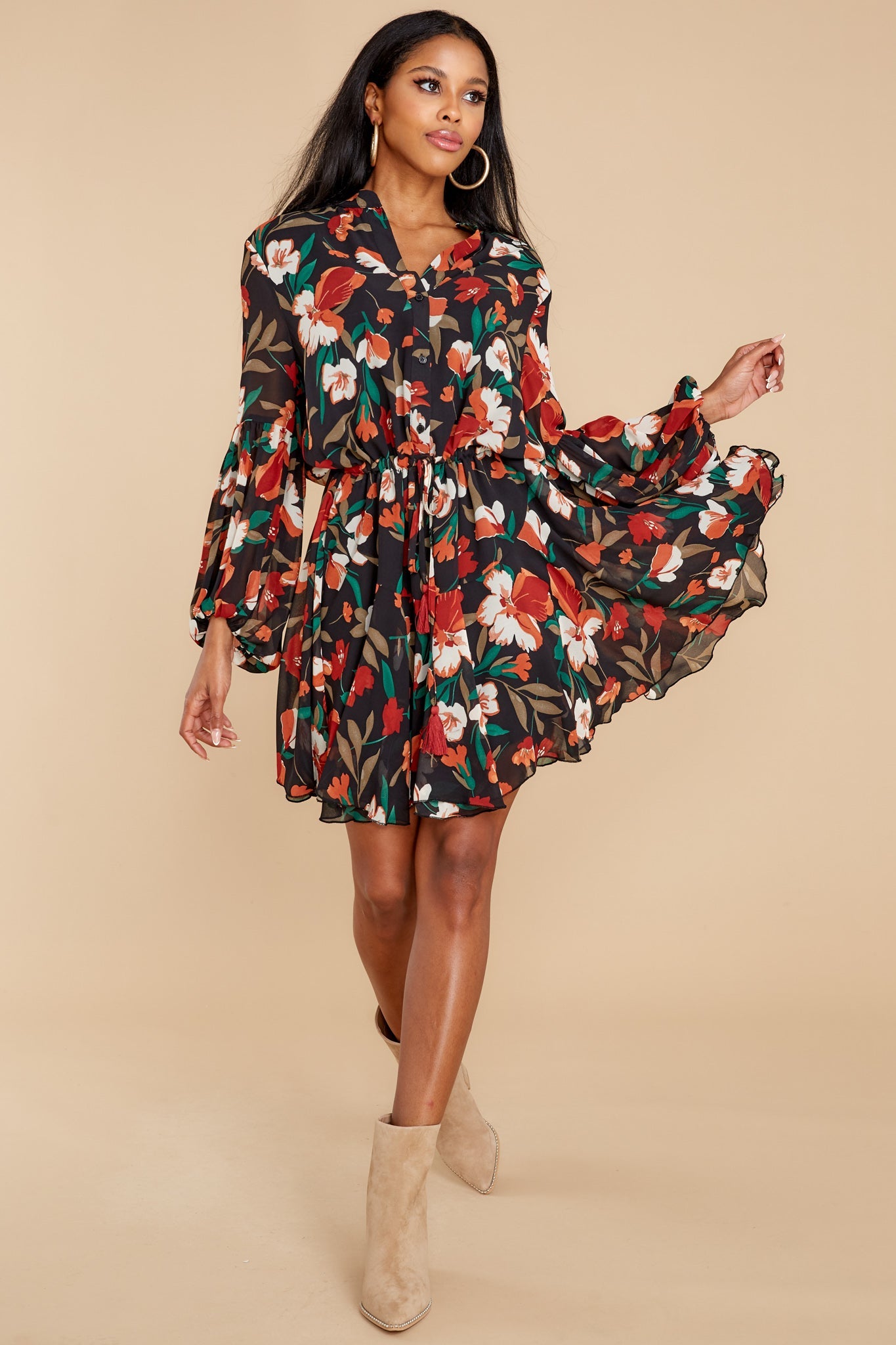 Petal Down Black And Rust Floral Print Dress