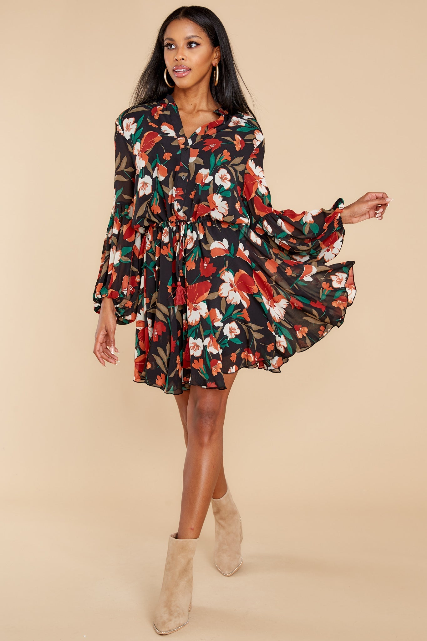 Petal Down Black And Rust Floral Print Dress