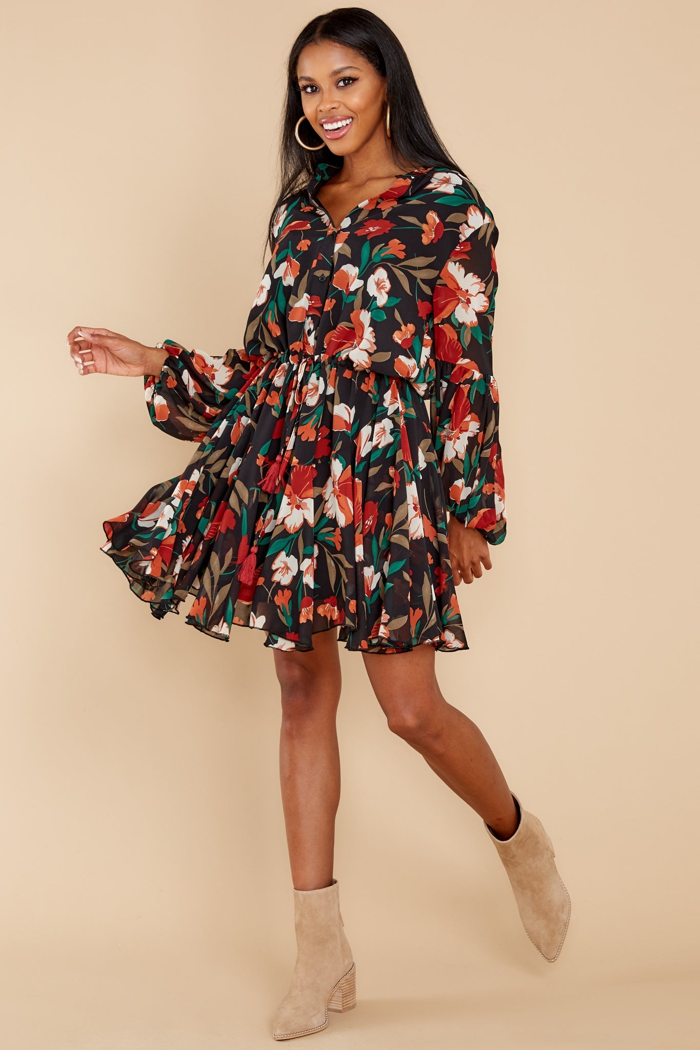 Petal Down Black And Rust Floral Print Dress