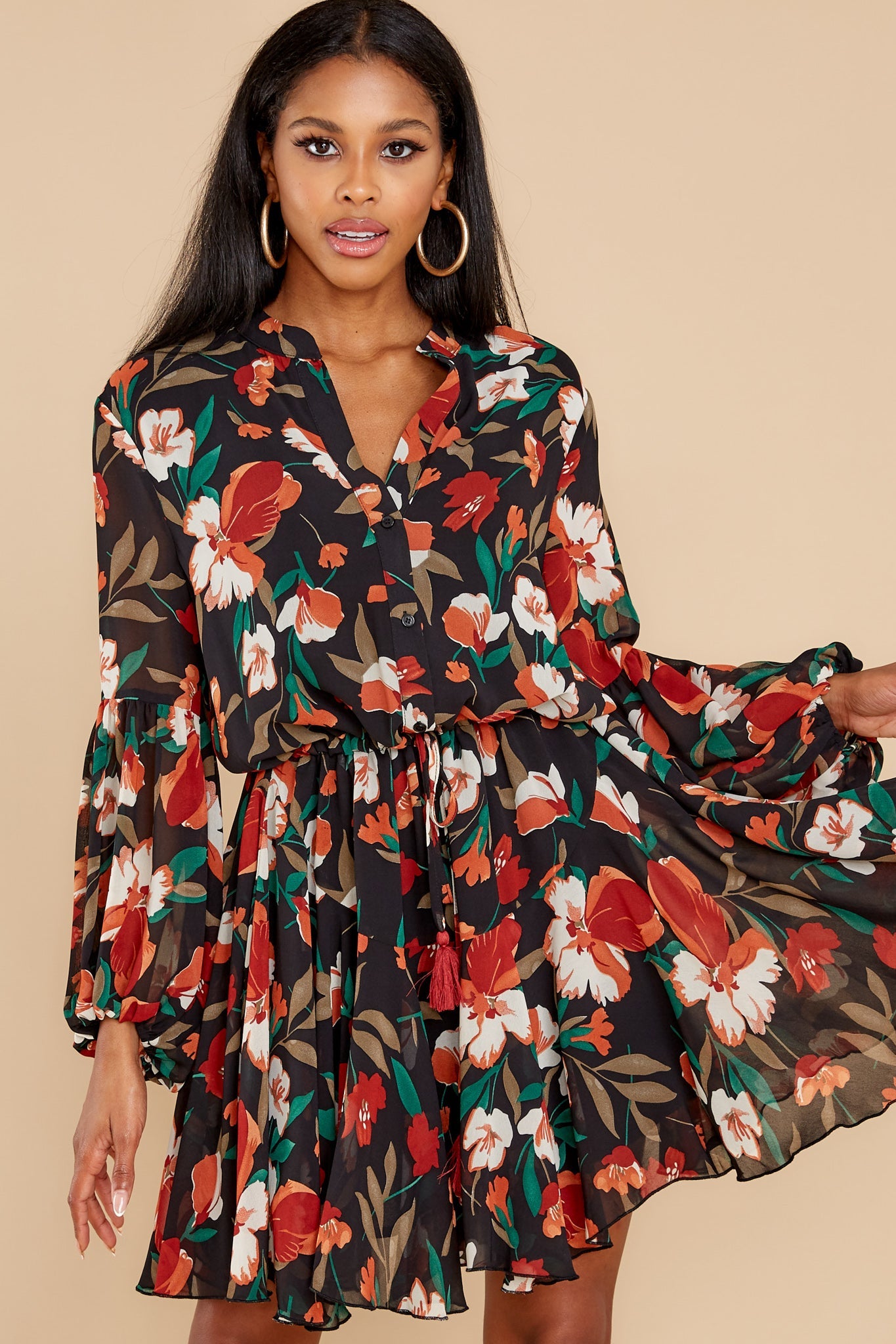 Petal Down Black And Rust Floral Print Dress