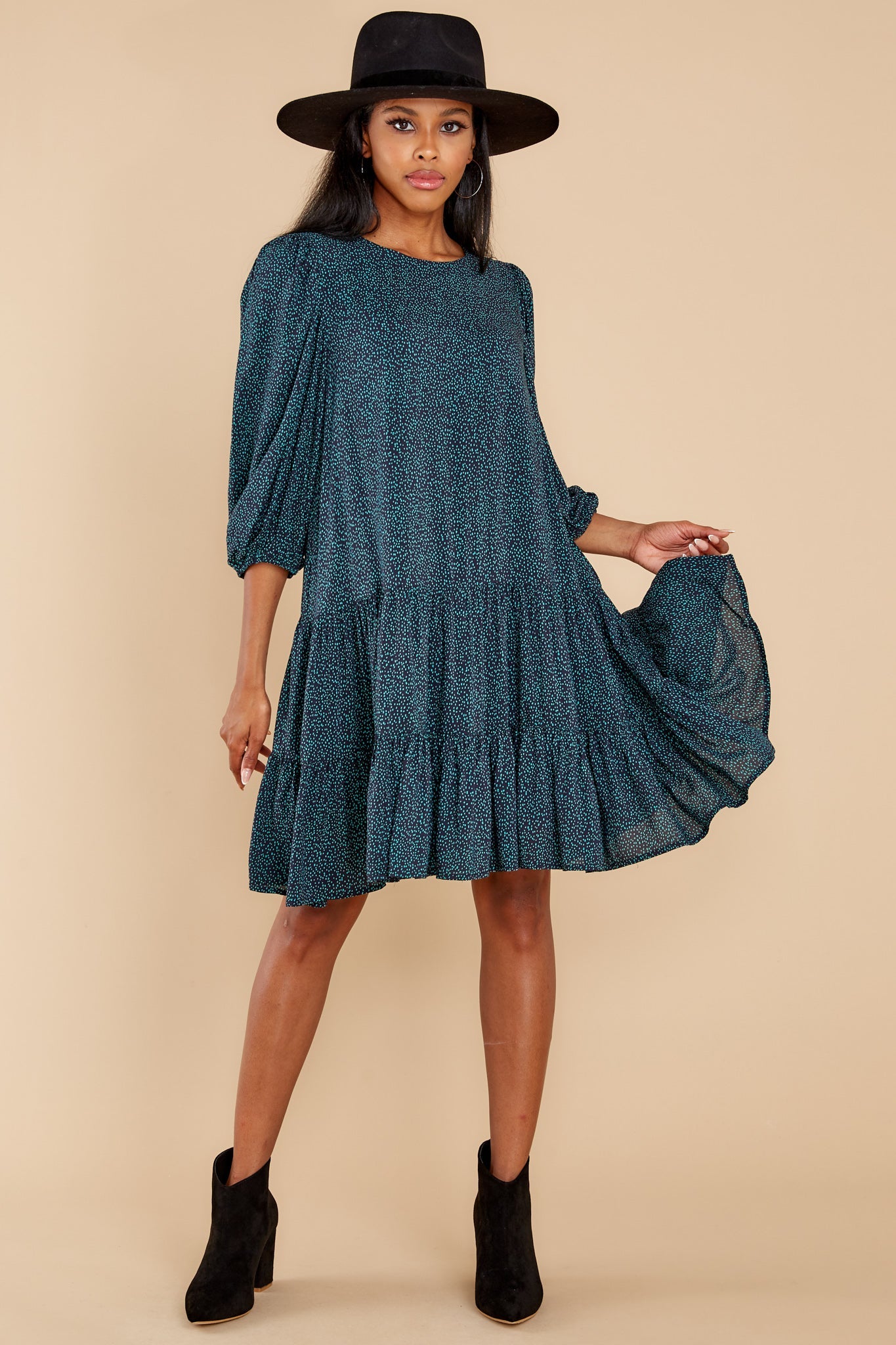 Call You Mine Teal And Navy Print Dress
