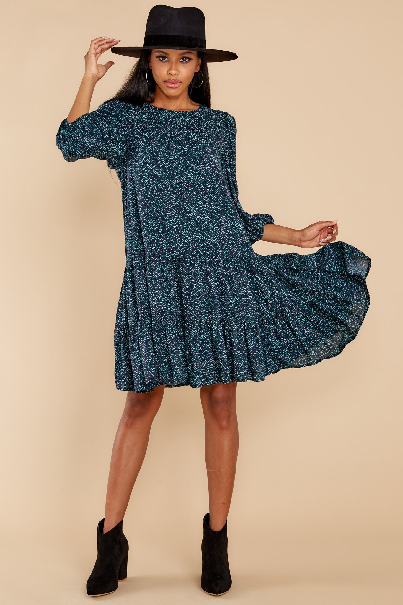 Call You Mine Teal And Navy Print Dress