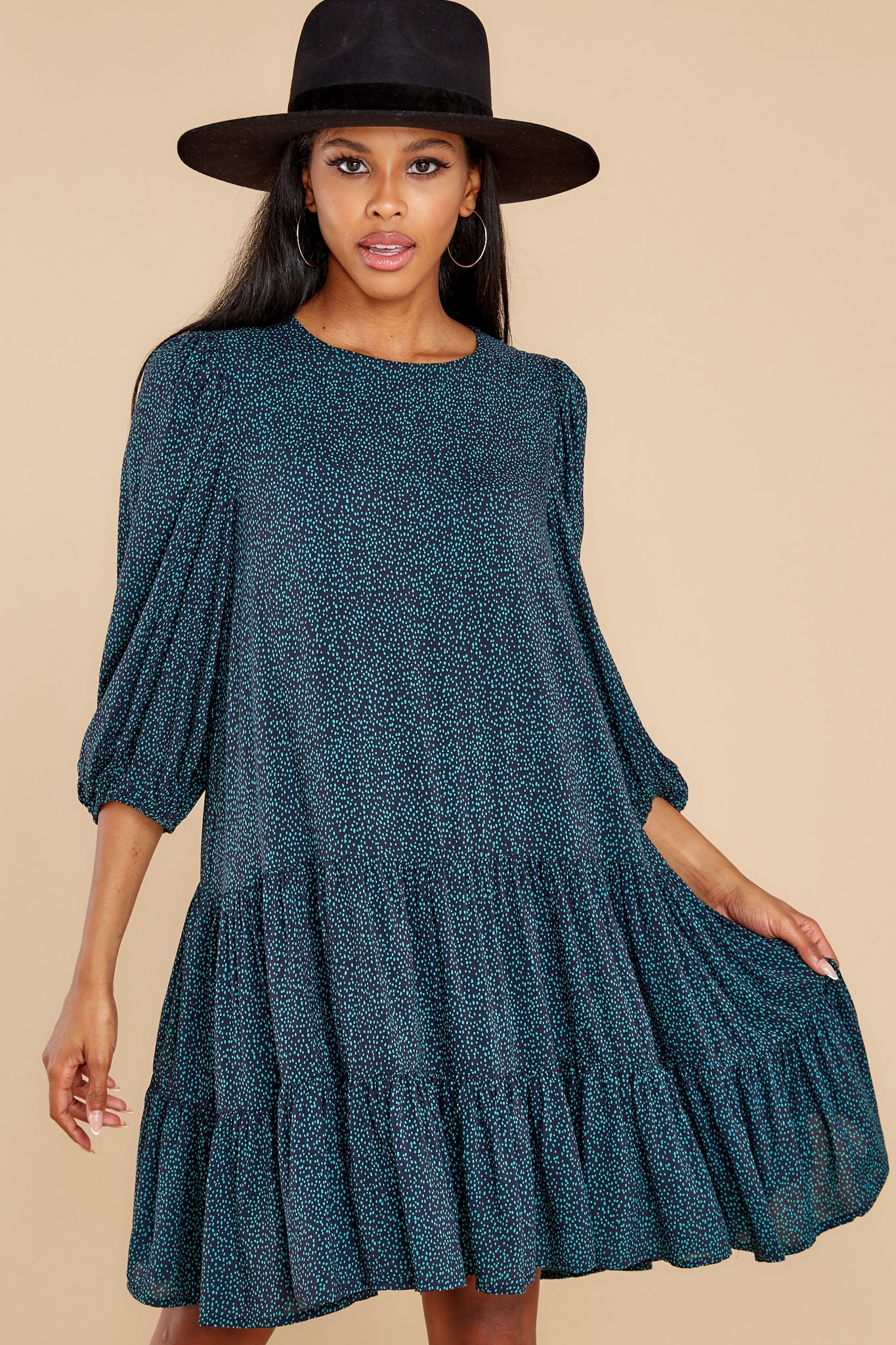 Call You Mine Teal And Navy Print Dress