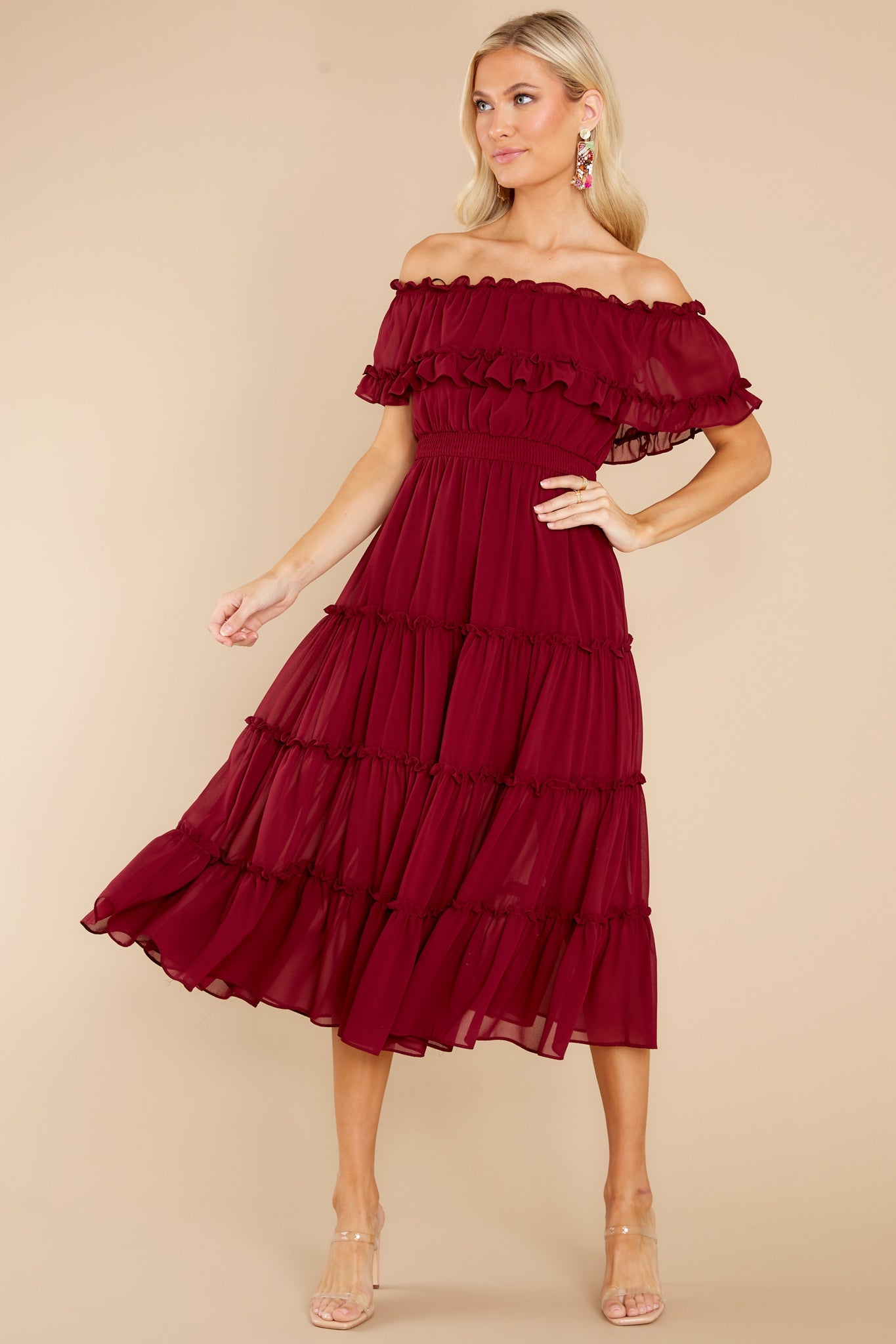 As She Goes Wine Off The Shoulder Midi Dress